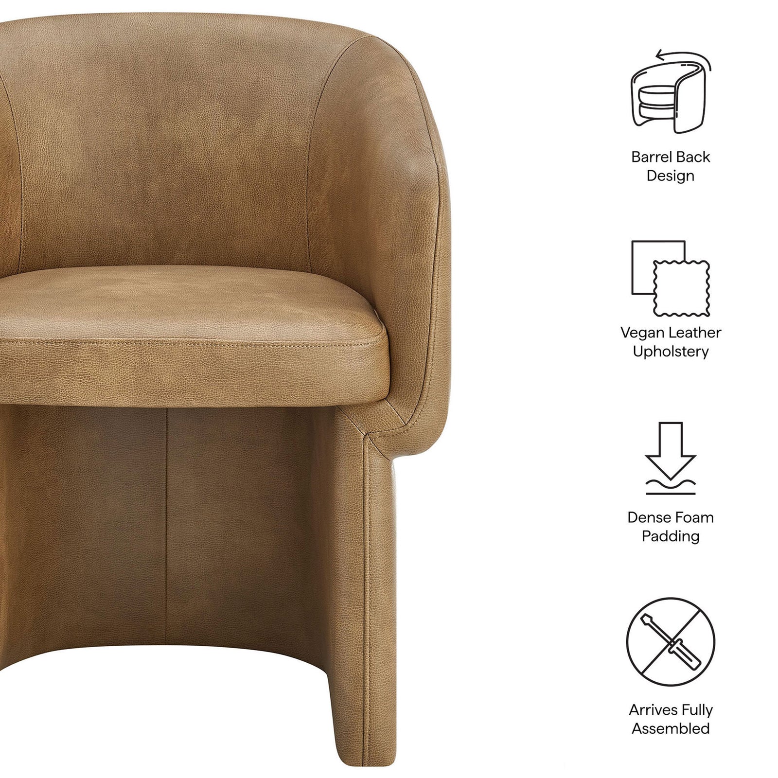Toast vegan leather barrel dining chair highlighted with icons for design, comfort, and easy setup. || EEI-7383-TST || callout_studio