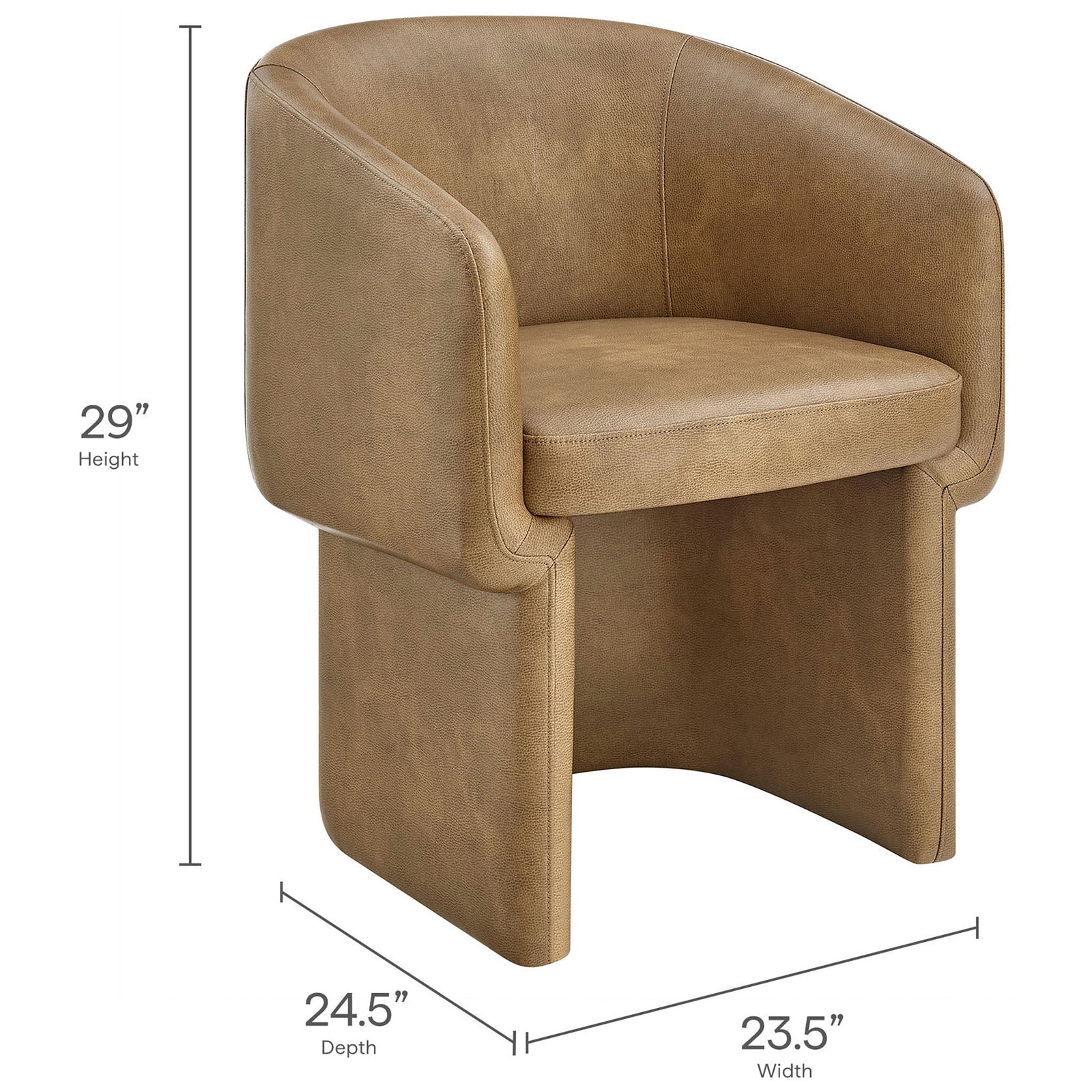 Toast vegan leather barrel dining chair with clearly labeled overall dimensions for easy planning. || EEI-7383-TST || dimension_studio