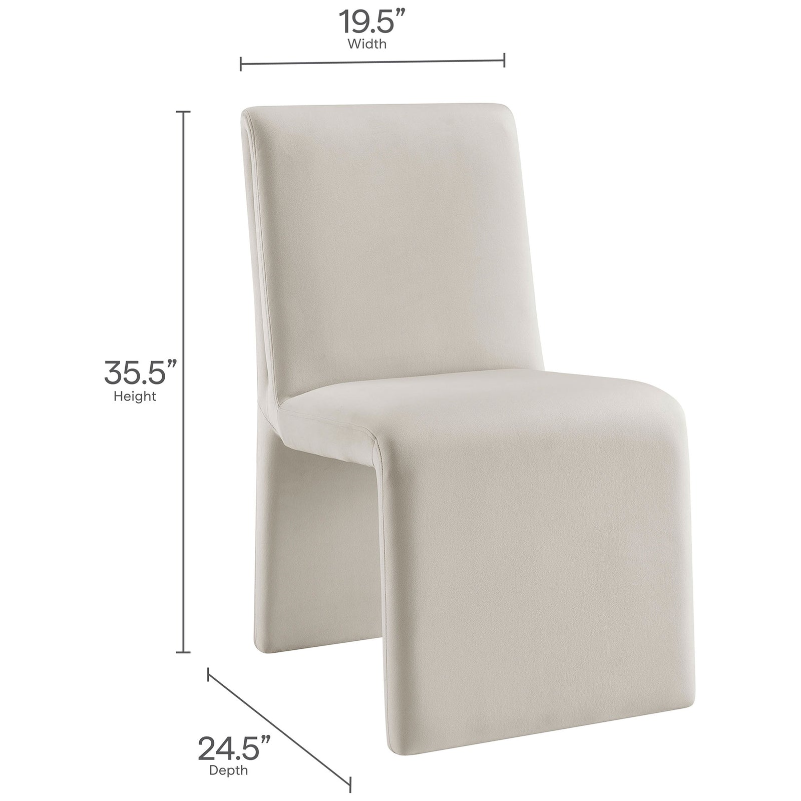 Detailed measurements showcase the compact footprint and generous seat height of the Emory upholstered dining chair || EEI-7384-ALA || dimension_studio