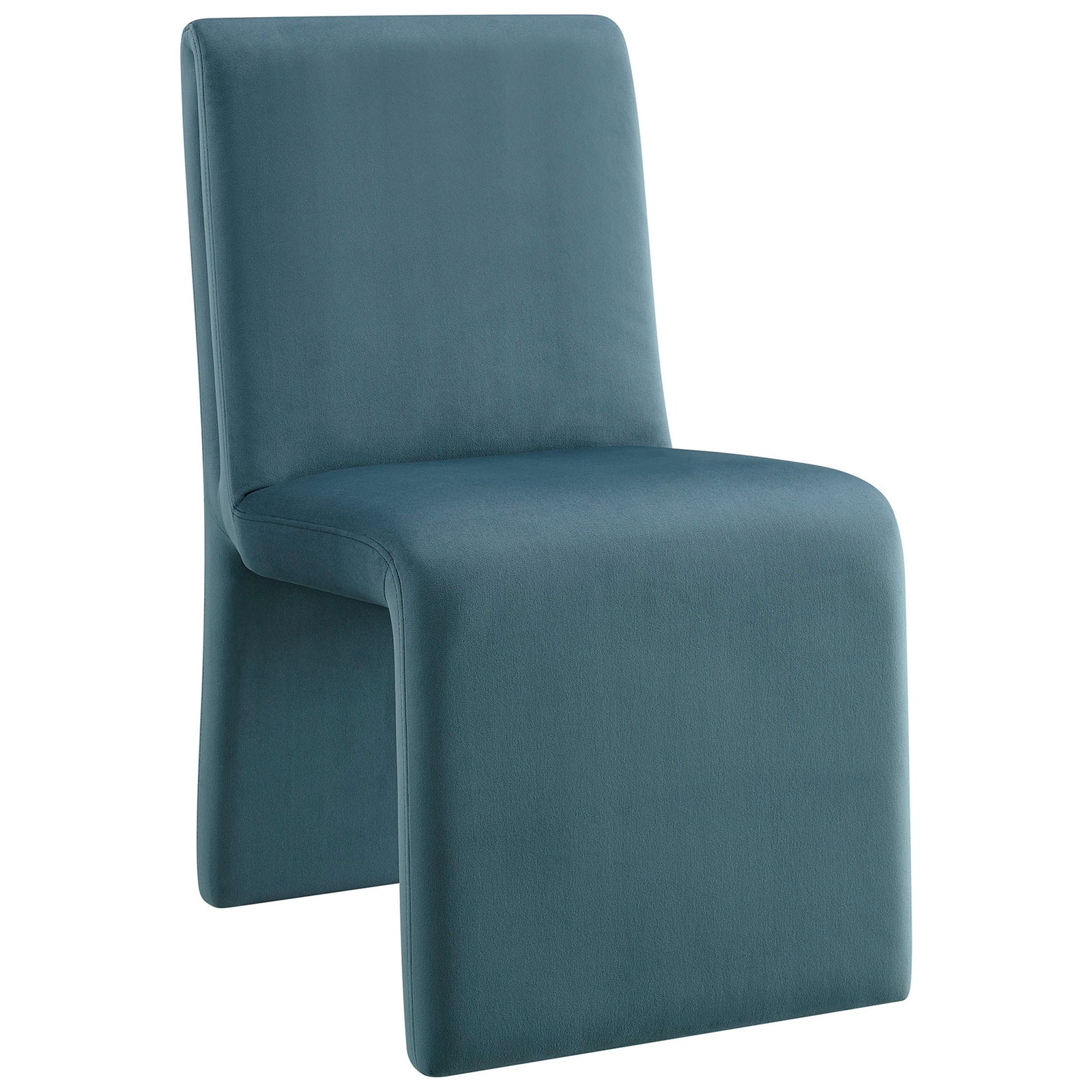 Modern upholstered dining chair in cadet blue velvet with continuous flowing lines and cushioned seat || EEI-7384-CAB || front_angle_studio