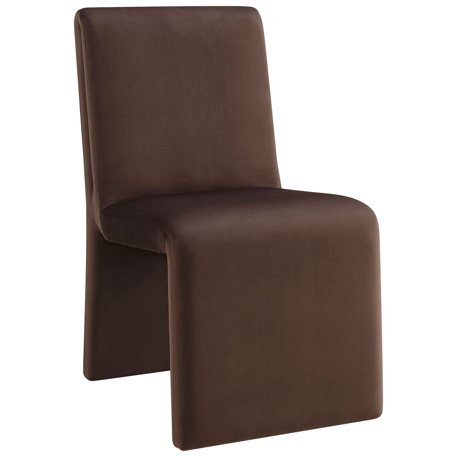 Curved Emory dining chair in chocolate performance velvet with continuous upholstered base and armless silhouette. || EEI-7384-CHB || front_angle_studio