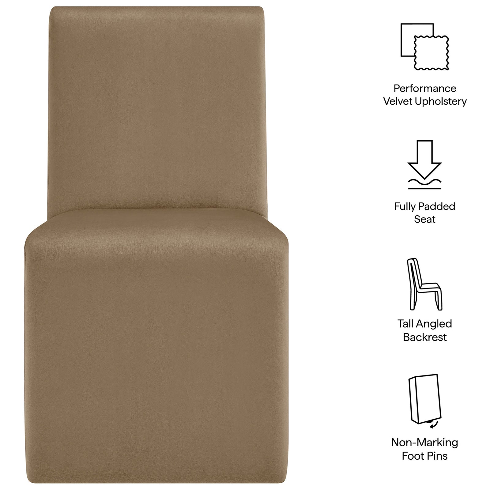 Emory taupe velvet dining chair highlighting performance upholstery, tall padded back, and non-marking foot pins || EEI-7384-TAU || callout_studio
