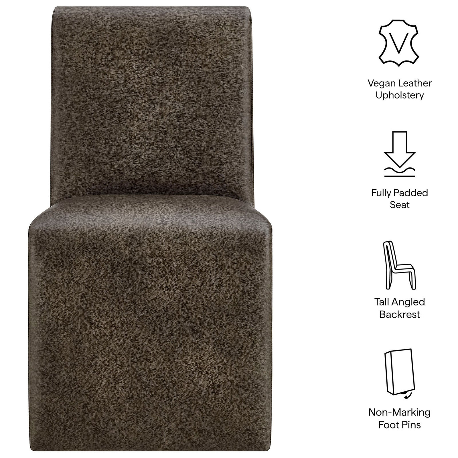 Feature icons highlighting Emory chair vegan leather upholstery, padded seat, tall back, and non-marking foot pins || EEI-7385-MUS || callout_studio