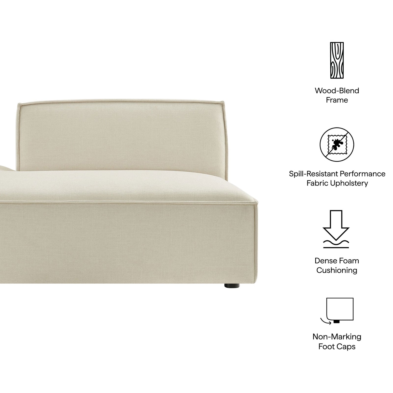 Key features include wood-blend frame, performance fabric, dense foam, and floor-safe caps || EEI-7386-ECR || callout_studio