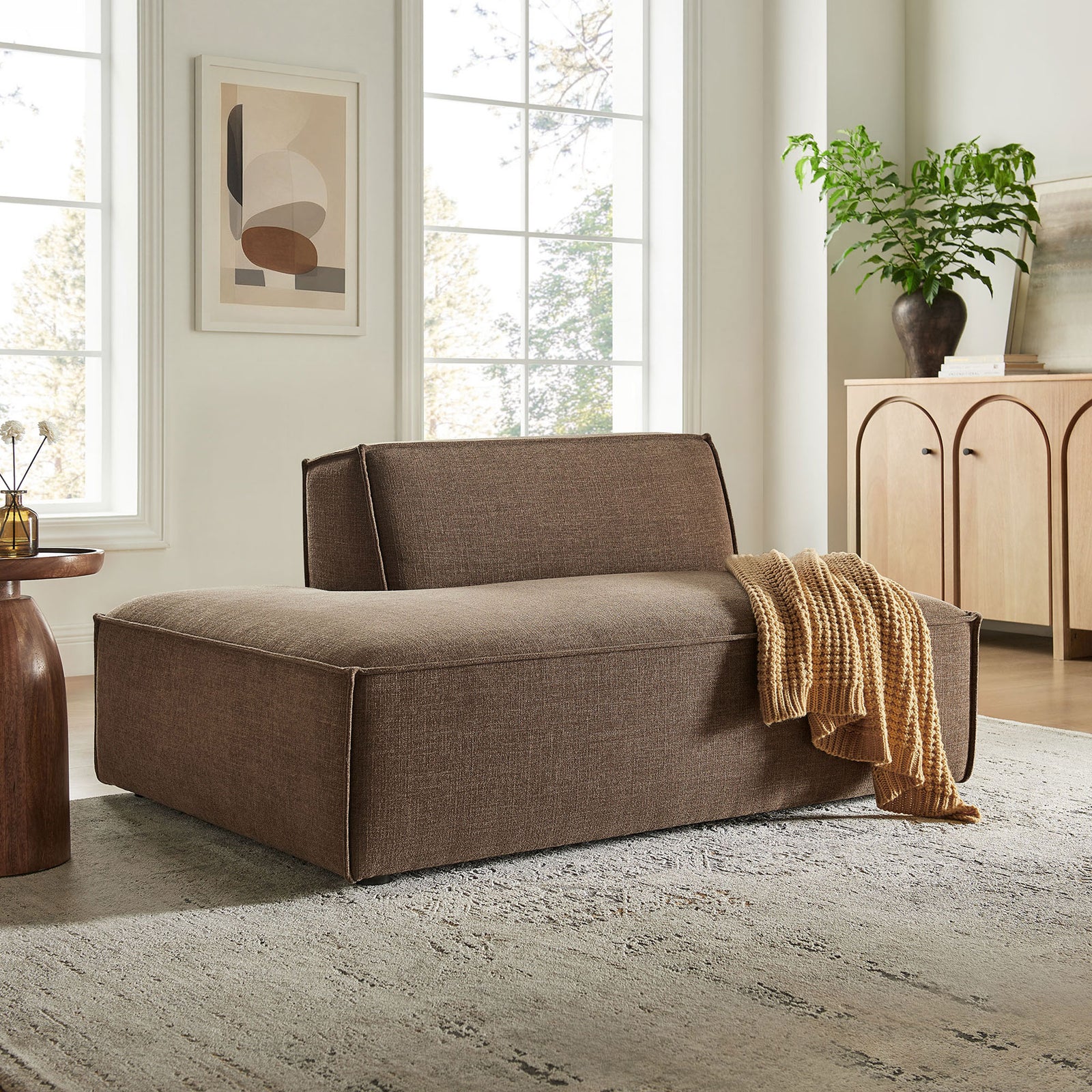 Inviting chaise in mocha, styled with a cozy throw for relaxed lounging || EEI-7386-MOC || front_angle_room