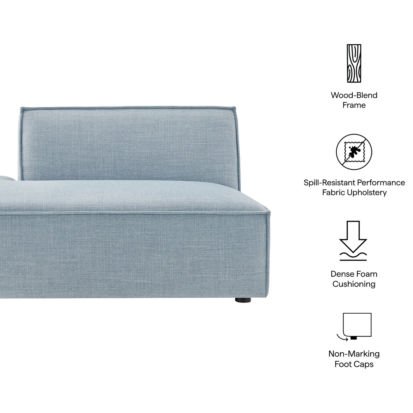 Spill-resistant fabric, dense foam comfort, and non-marking feet elevate this chaise || EEI-7386-SKY || callout_studio