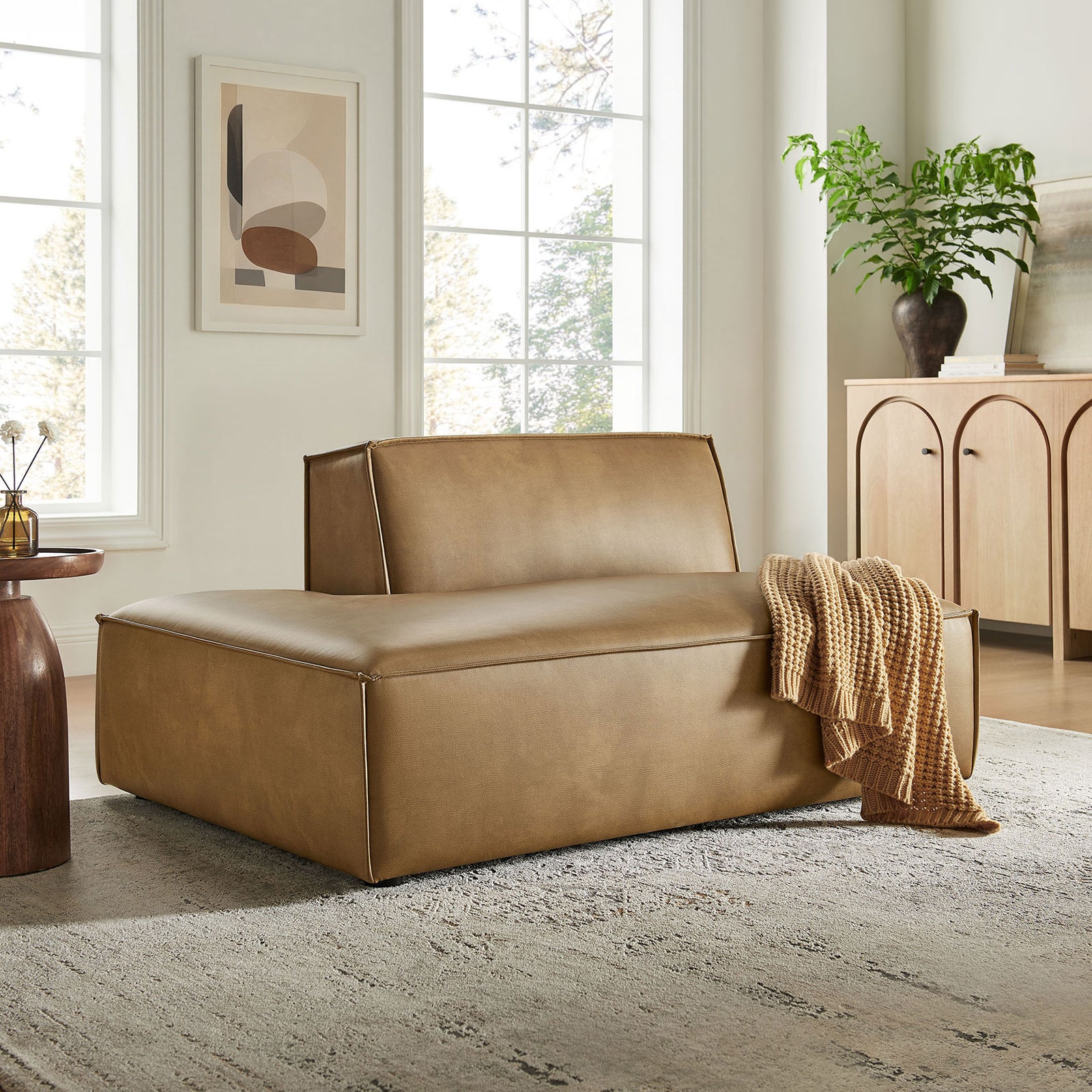 Left-facing chaise brings warm toast tone and luxe comfort to modern living spaces || EEI-7387-TST || front_angle_room