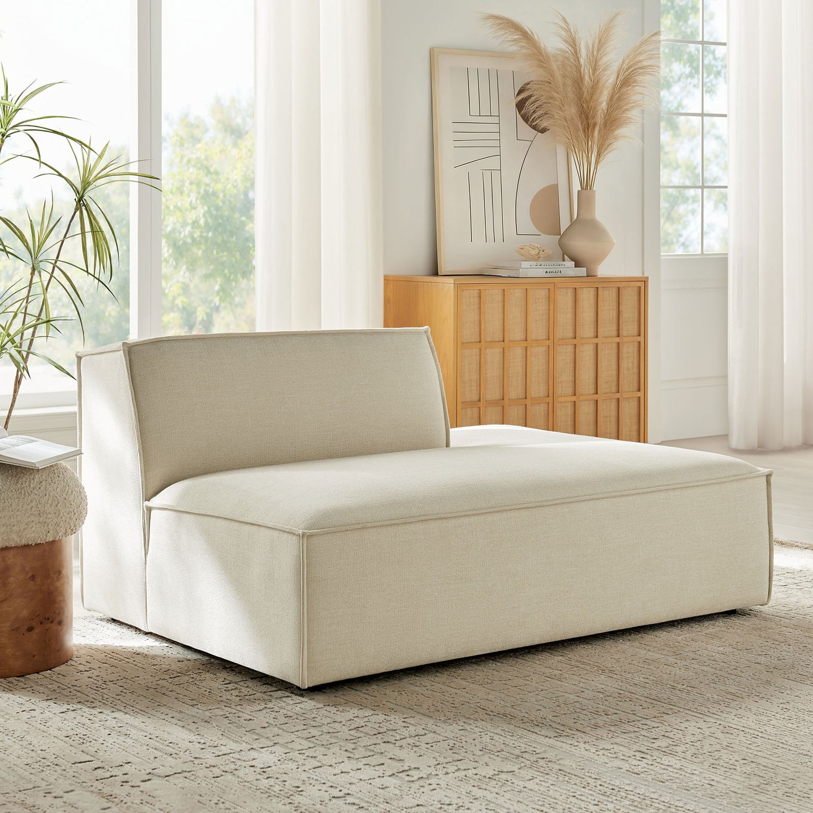 Relaxed right chaise anchors the room with soft texture and broad lines || EEI-7388-ECR || front_angle_room