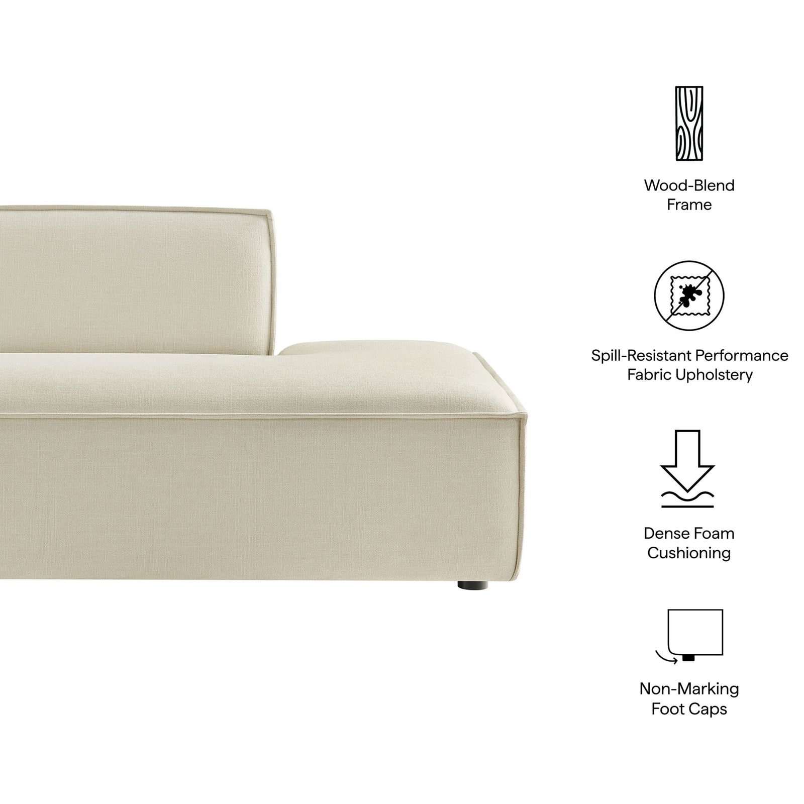 Highlighted features: wood-blend frame, performance fabric, dense foam, non-marking caps || EEI-7388-ECR || callout_studio
