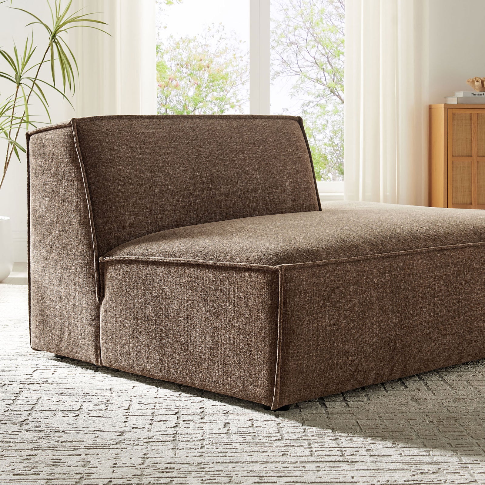 Airy living room scene showcases the chaise in warm mocha upholstery || EEI-7388-MOC || detail_room