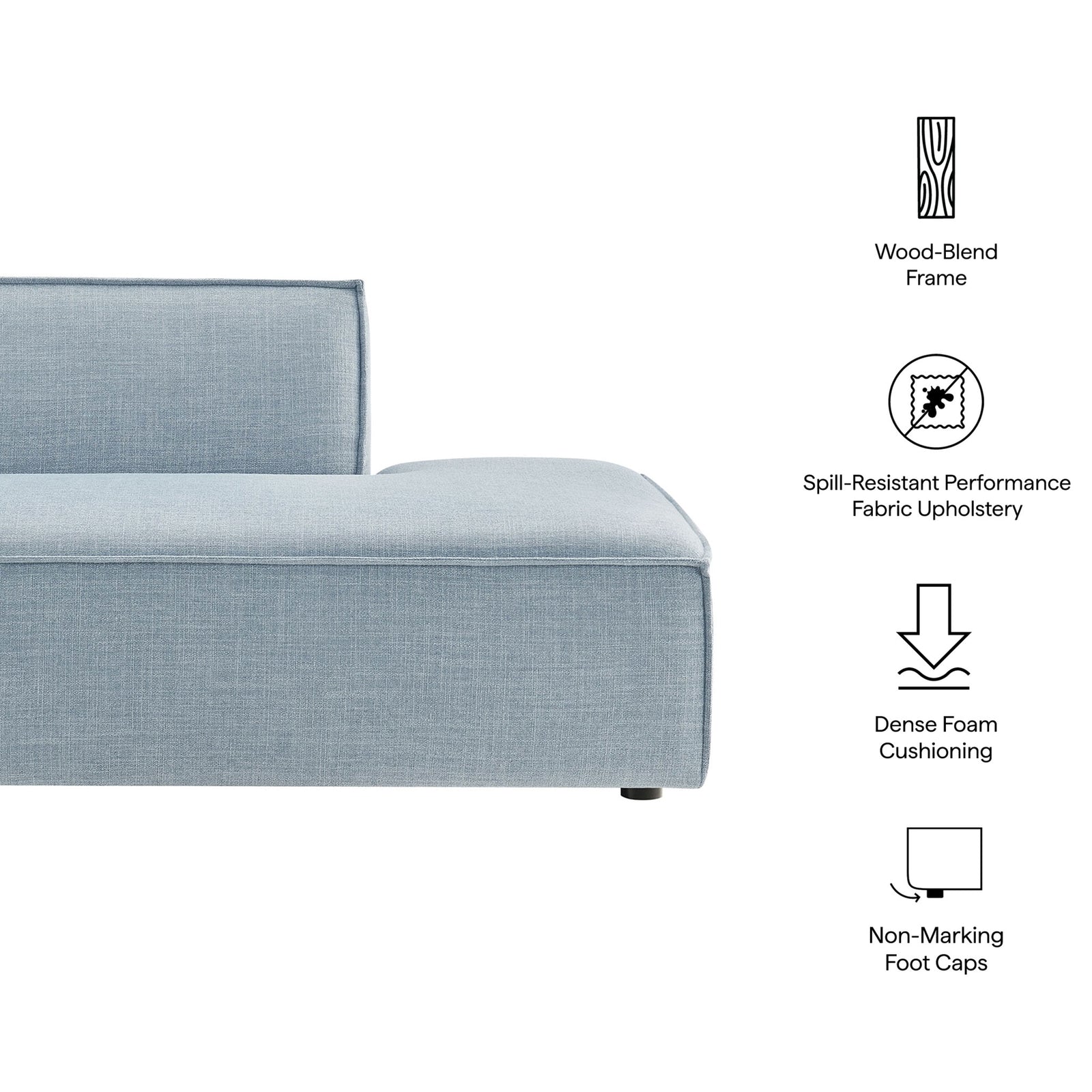 Performance fabric, dense foam support, and non-marking feet enhance this chaise || EEI-7388-SKY || callout_studio