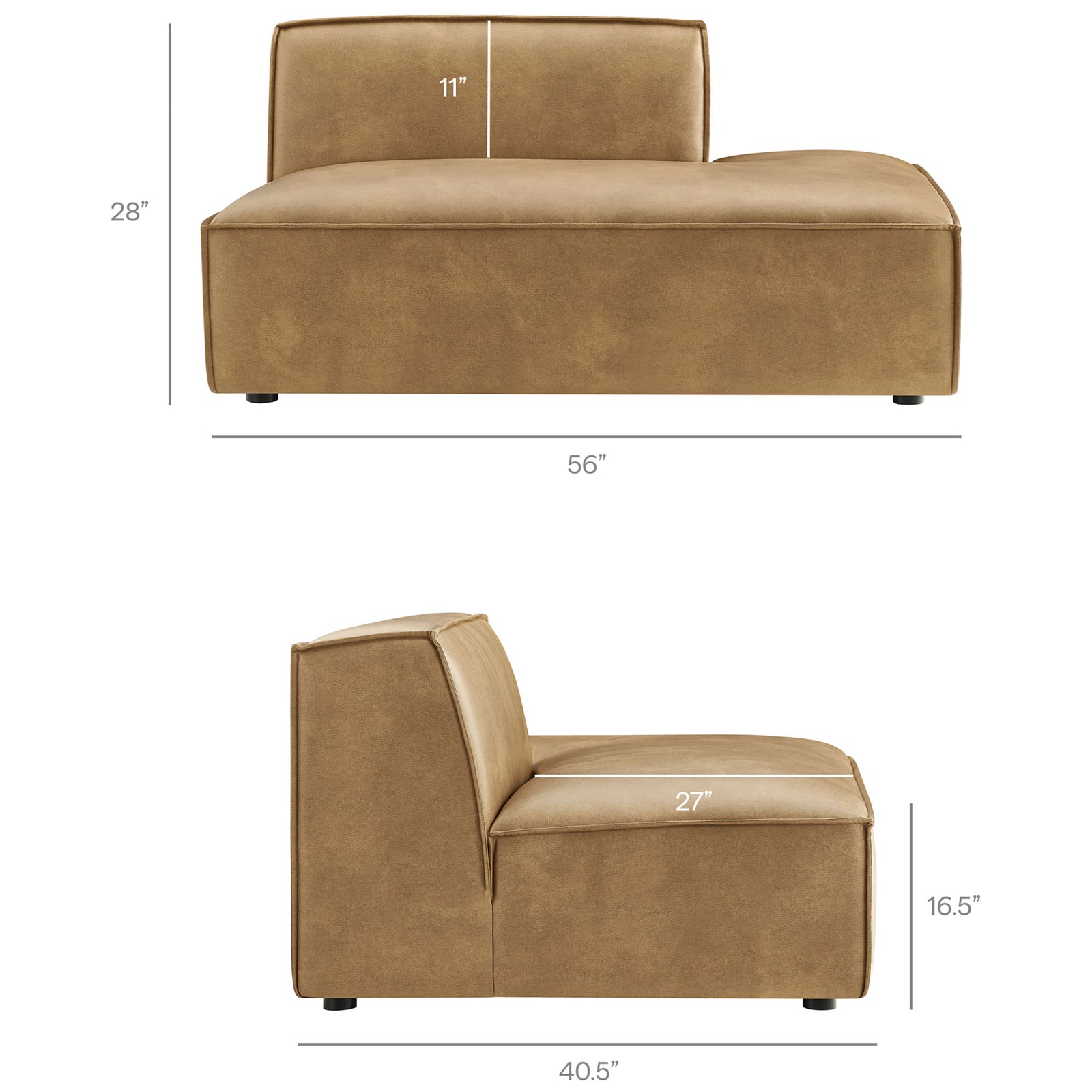 Dimensions for right-facing chaise with overall size and seat measurements labeled || EEI-7389-TST || dimension_studio