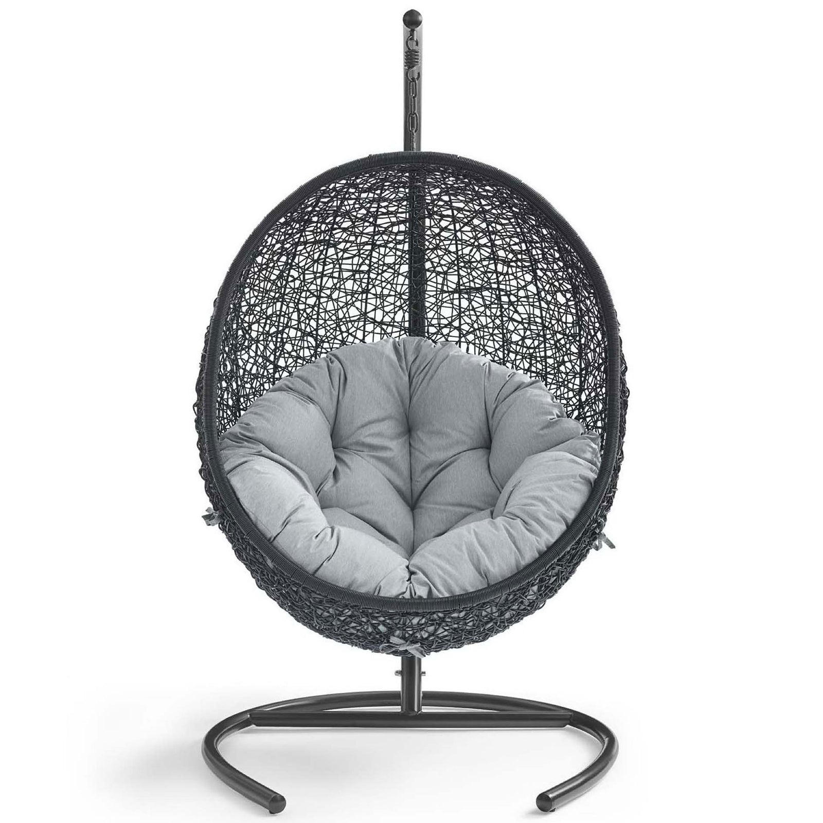 Plush tufted gray cushion nestles inside the rounded wicker lounge chair on sleek stand || EEI-739-GRY-SET || front_studio