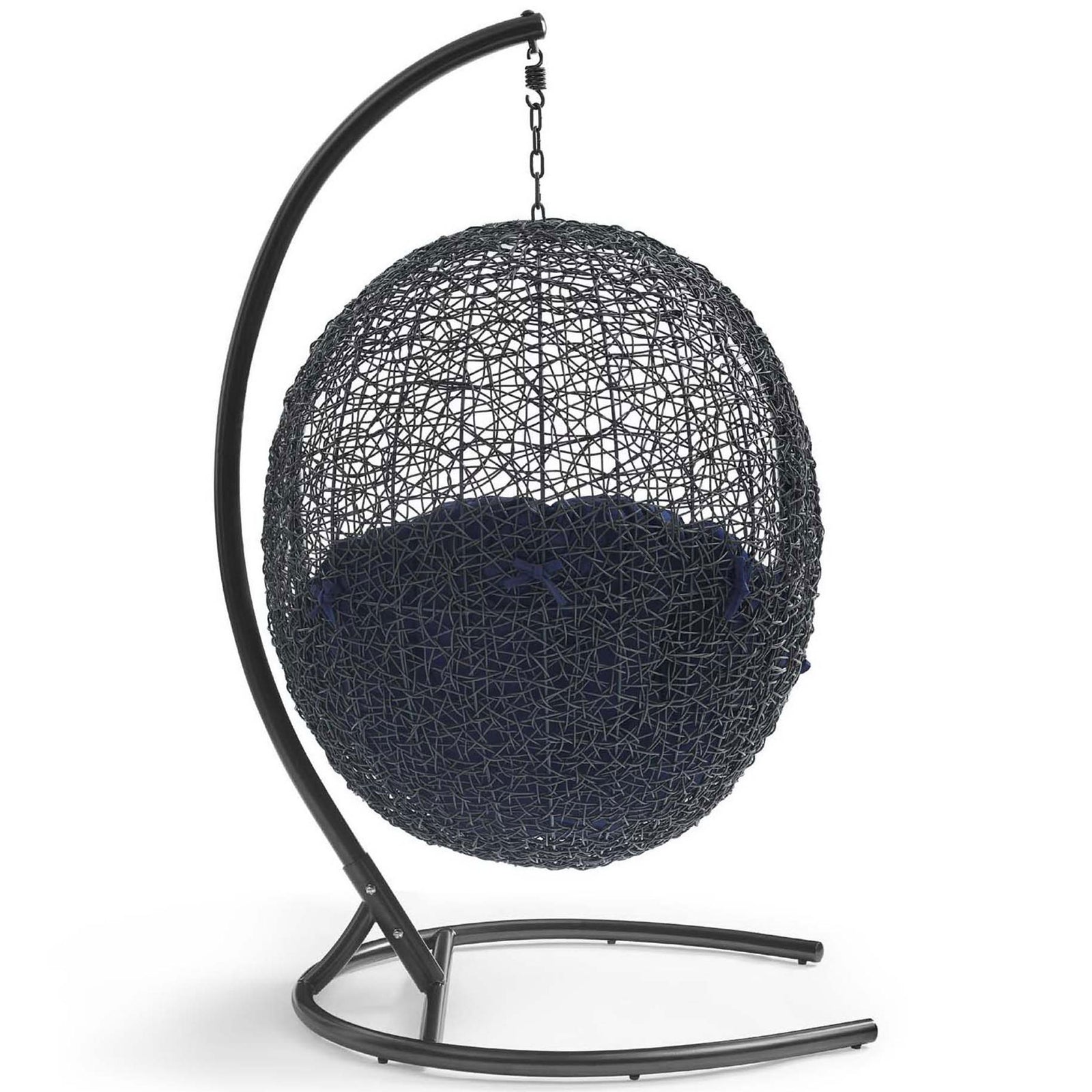 Dark rattan egg-shaped shell surrounds the deep navy cushion for cozy wraparound comfort || EEI-739-NAV-SET || back_studio