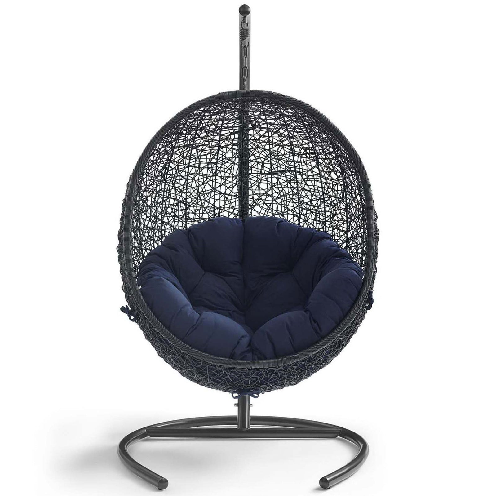 Plush tufted navy cushion settles into the rounded wicker lounge chair on sturdy stand || EEI-739-NAV-SET || front_studio
