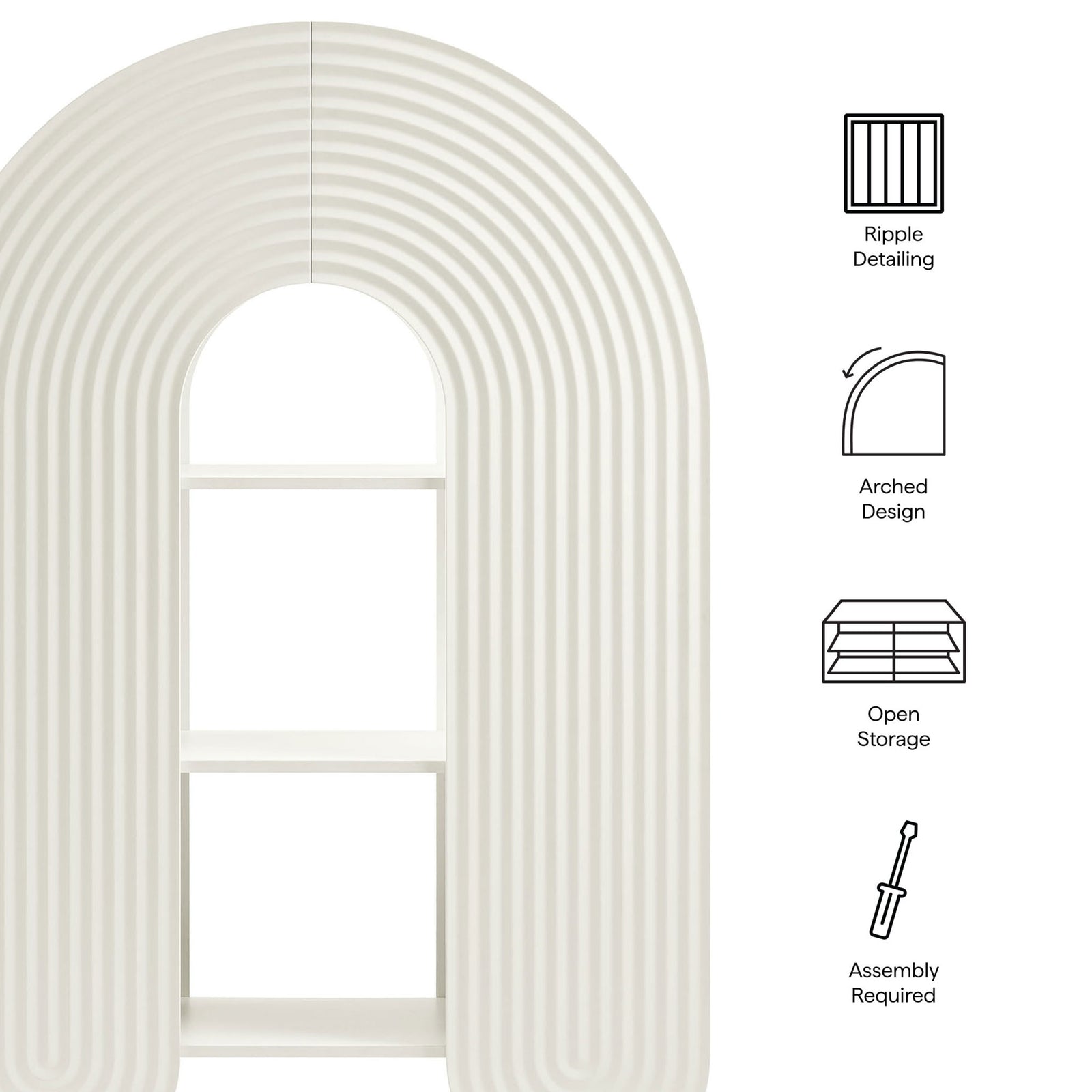 Feature highlights include ripple detailing, arched design, and open storage || EEI-7390-WHI || callout_studio