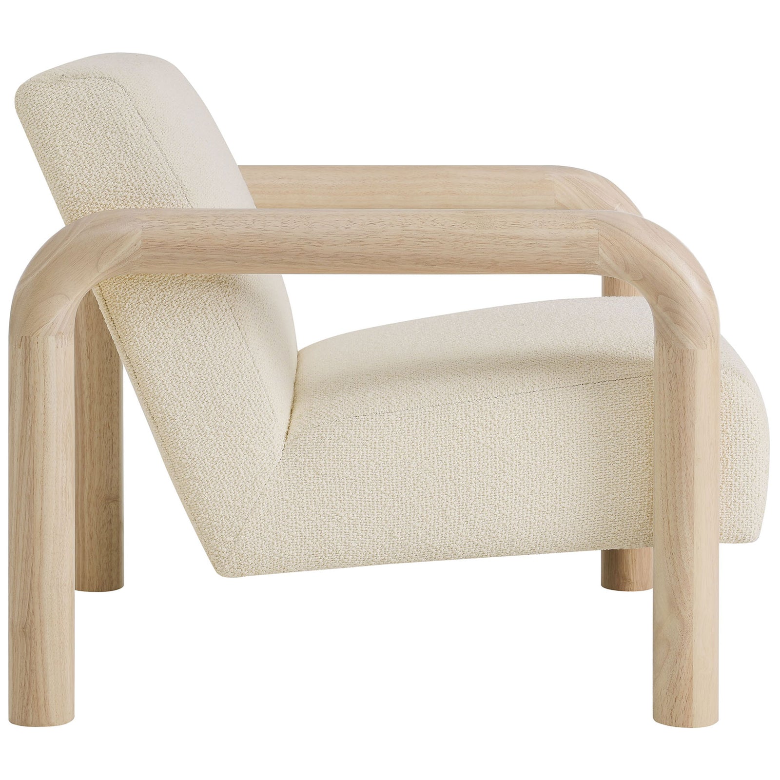 Low-profile silhouette with thick seat cushion and supportive back framed by sculpted wood arms || EEI-7391-CRE-OAK || side_studio