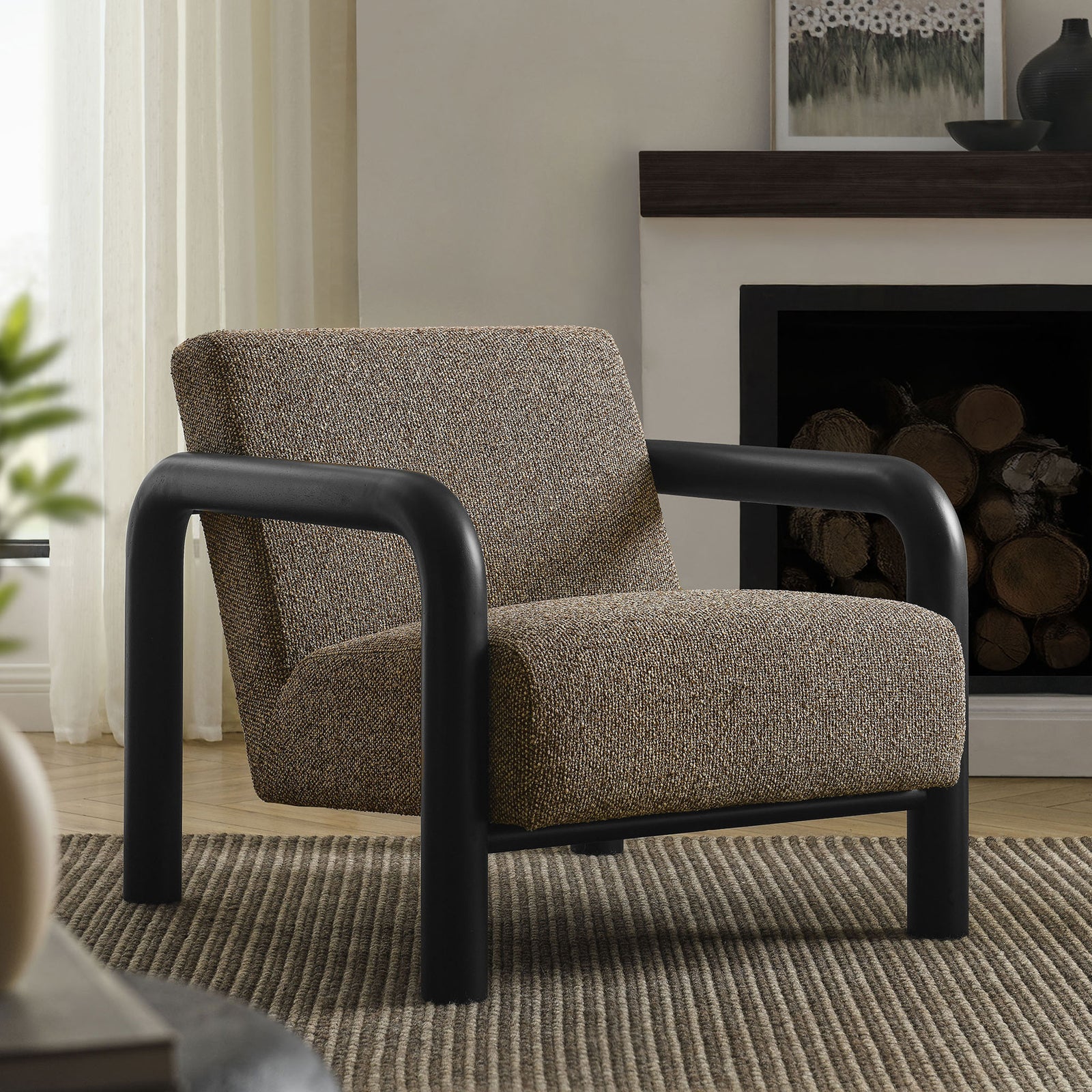 Statement accent chair brings modern curves and earthy texture to living rooms and reading nooks || EEI-7391-ETH-BLK || front_angle_room