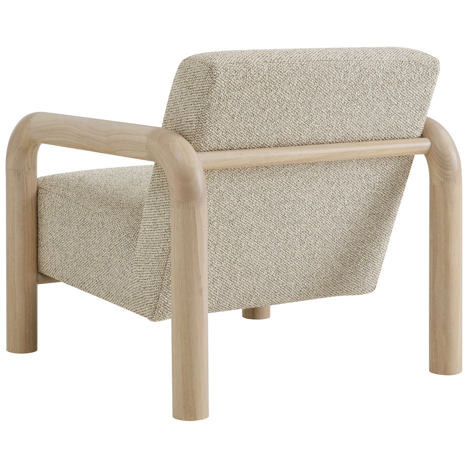Rounded wood frame wraps the backrest with smooth joints and richly textured boucle upholstery || EEI-7391-MRB-OAK || back_angle_studio