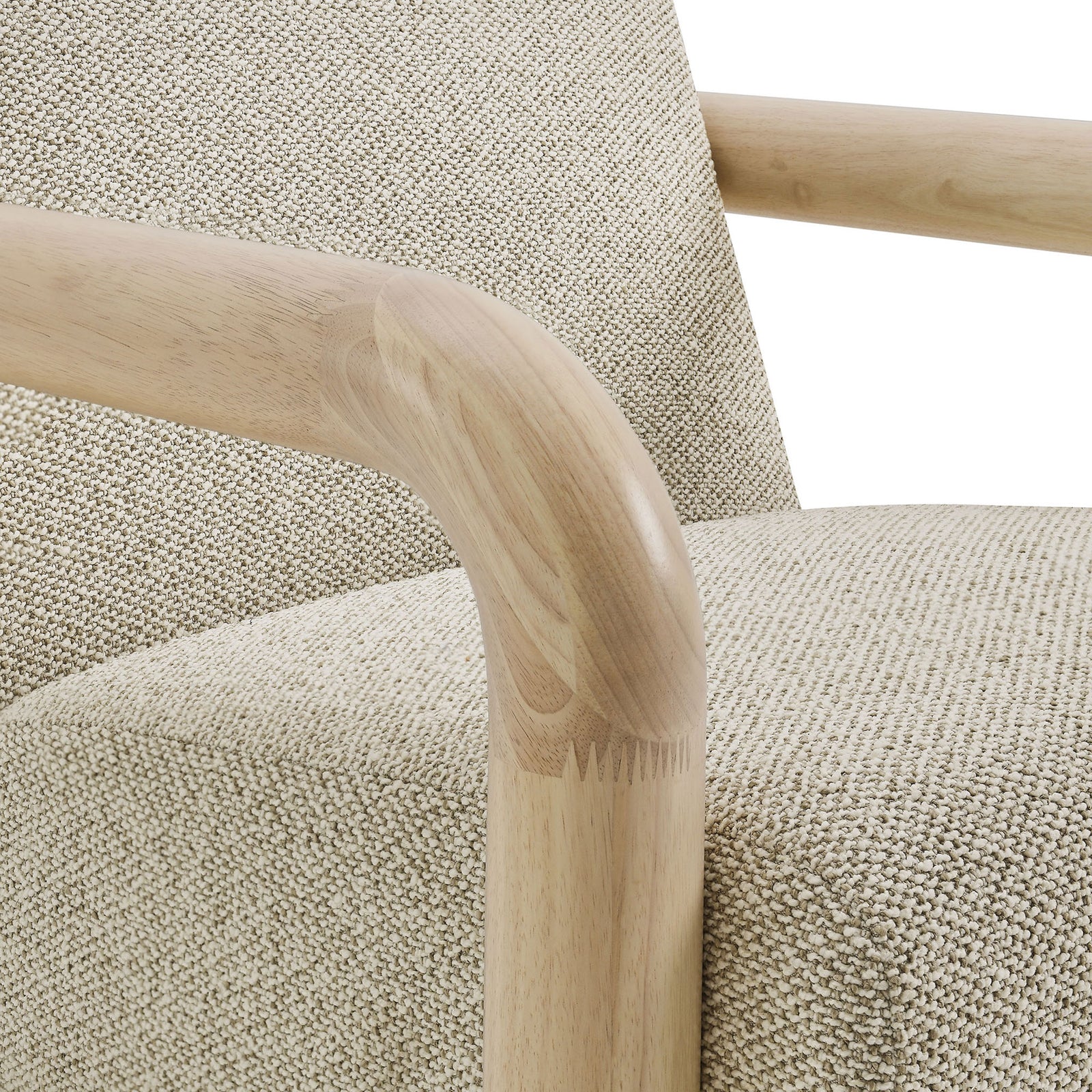 Smooth solid wood armrest and lattice boucle weave deliver a refined, tactile finish || EEI-7391-MRB-OAK || detail_studio