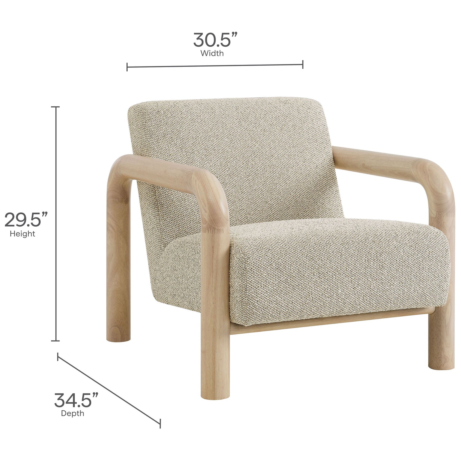 Sereno accent chair shown with overall width, depth, and height dimensions || EEI-7391-MRB-OAK || dimension_studio