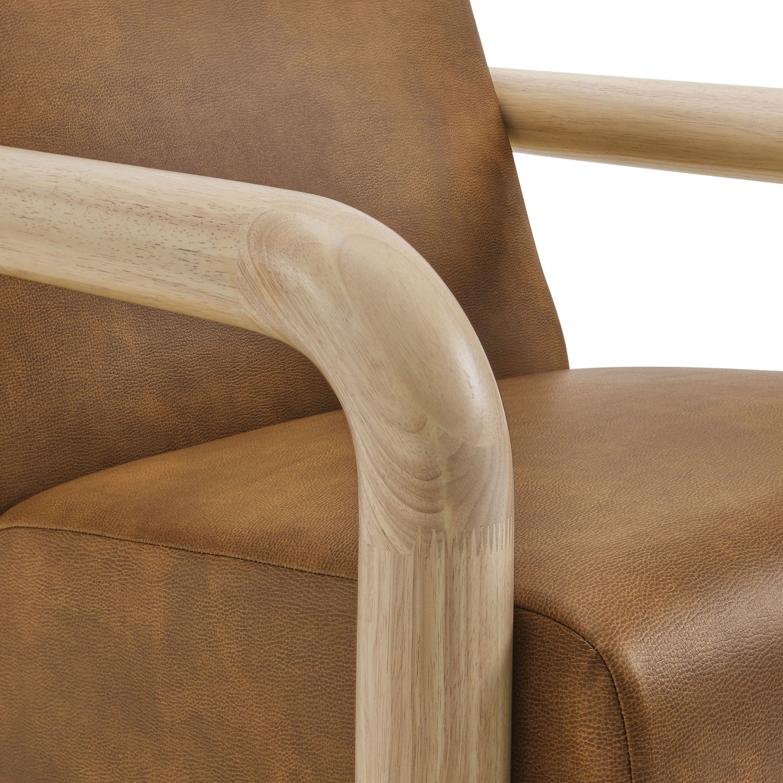 Rounded solid wood armrest with smooth joinery meets textured vegan leather upholstery || EEI-7392-CYN-OAK || detail_studio
