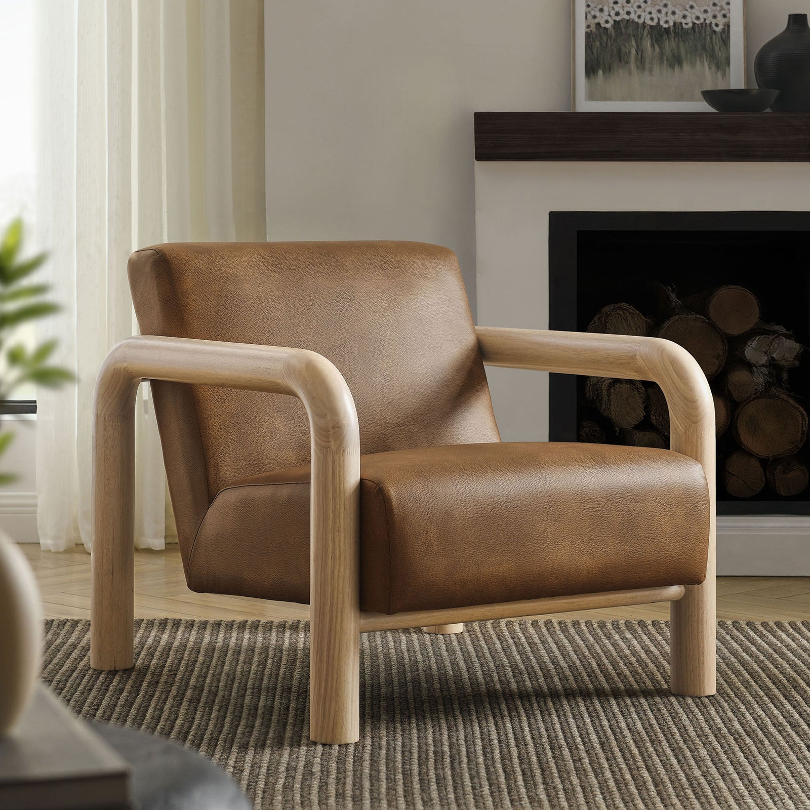 Modern accent chair pairs canyon oak wood with rich brown vegan leather for inviting style || EEI-7392-CYN-OAK || front_angle_room