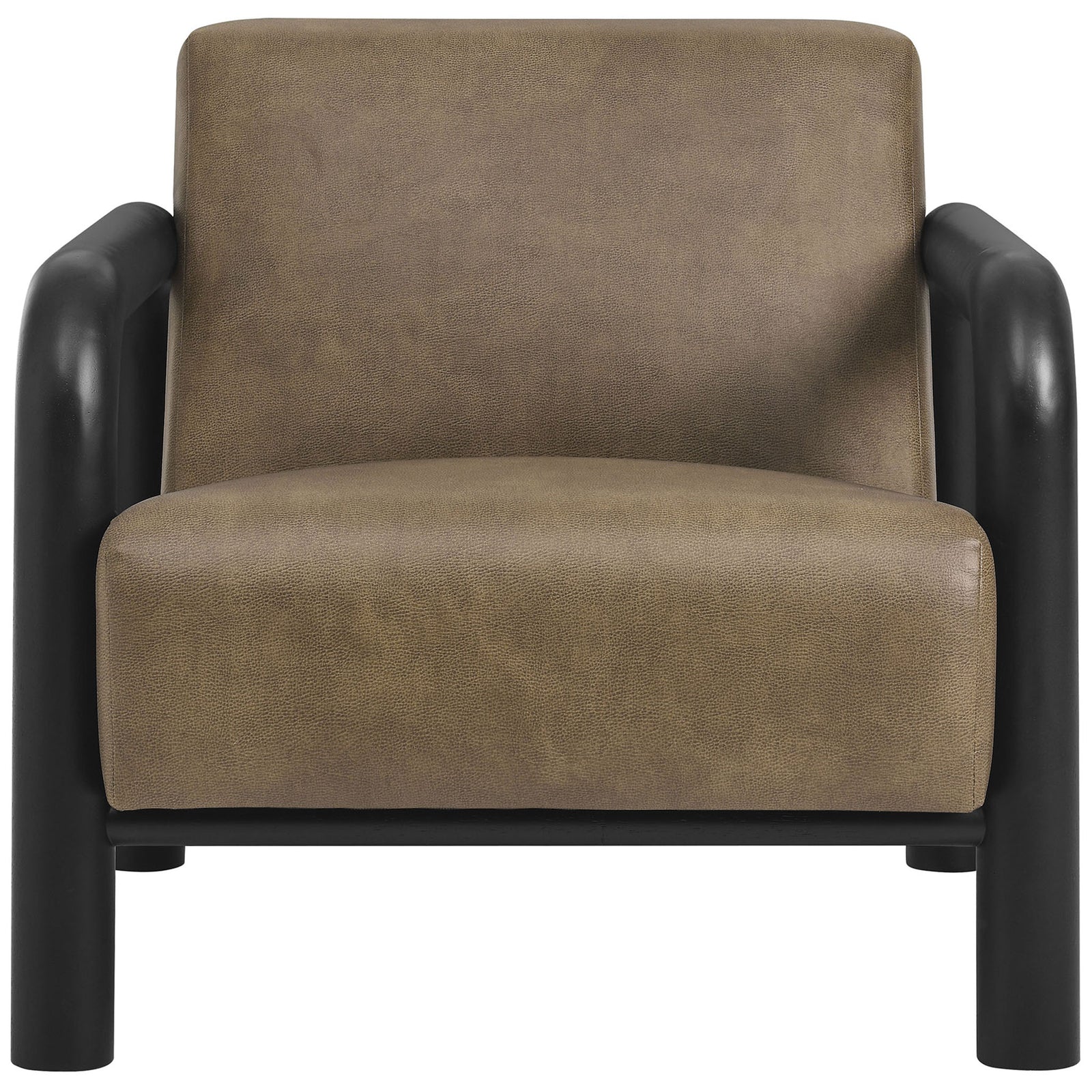 Sculptural accent chair in mushroom black vegan leather with bold rounded solid wood arms. || EEI-7392-MUS-BLK || front_studio