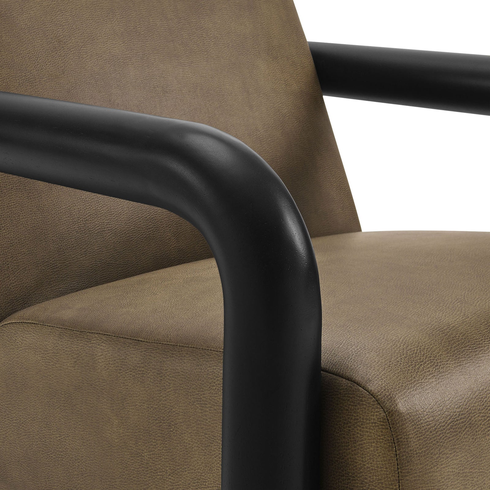 Matte black rounded arm meets softly textured vegan leather for a refined tactile contrast. || EEI-7392-MUS-BLK || detail_studio