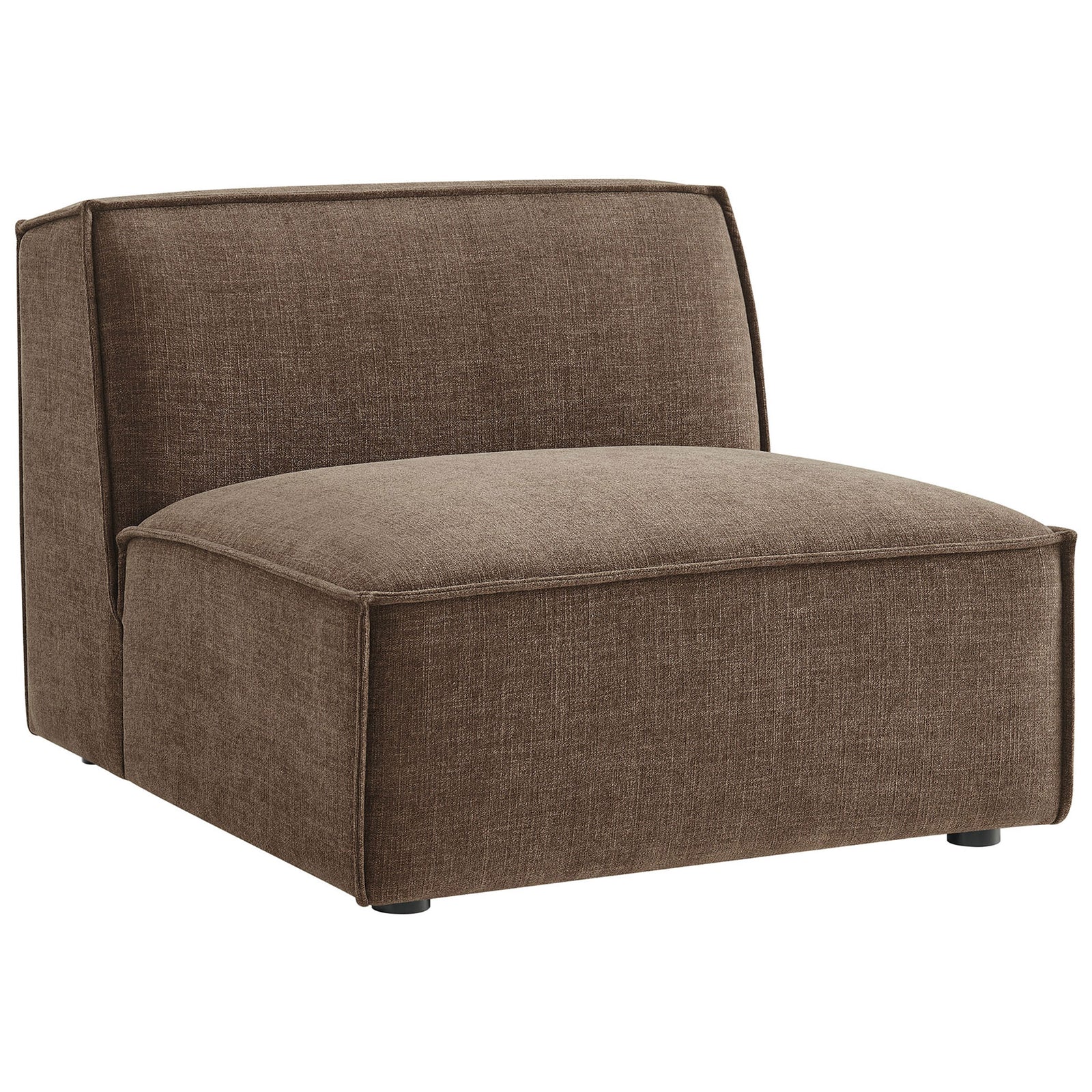 Low-profile modular chair in mocha upholstery with broad lines, tailored piping, and lounge-worthy depth. || EEI-7395-MOC || front_angle_studio
