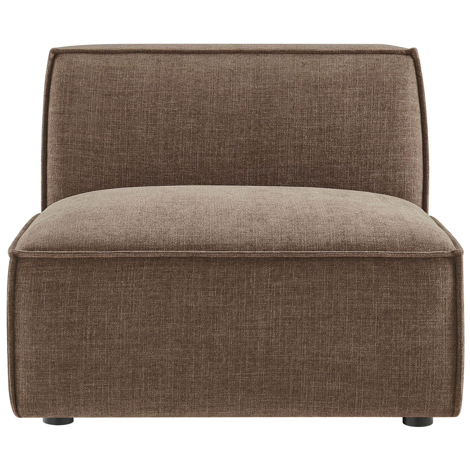 Mocha performance fabric armless modular chair with deep seat, plush cushioning, and crisp French piping. || EEI-7395-MOC || front_studio