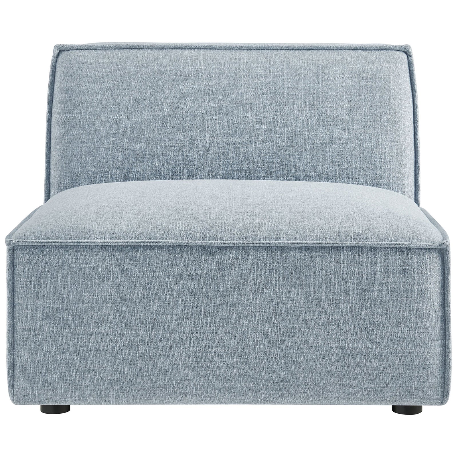Generous lounge seat wrapped in sky performance fabric with smooth lines and refined piping. || EEI-7395-SKY || front_studio