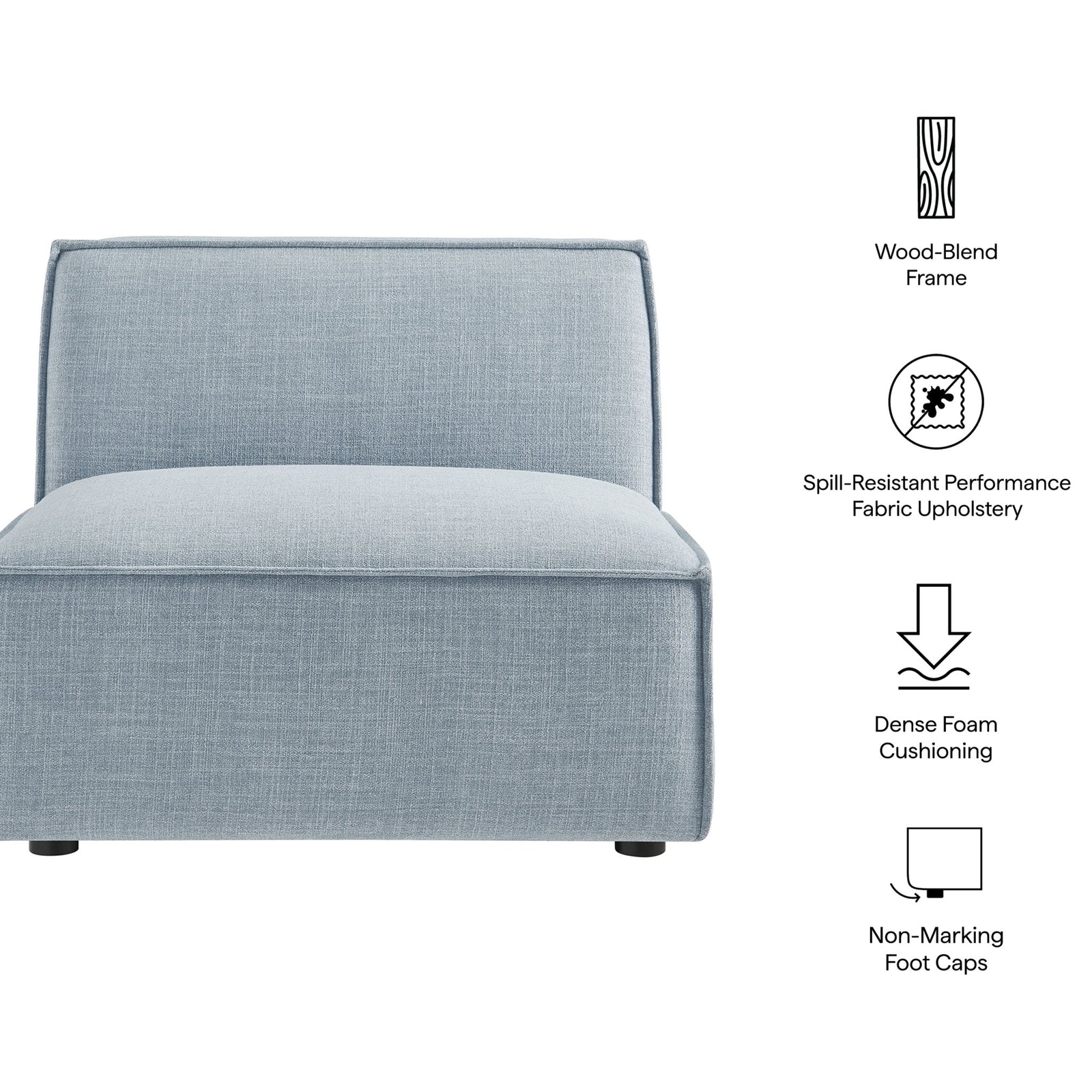 Features include spill-resistant fabric, dense foam cushioning, wood-blend frame, and non-marking foot caps. || EEI-7395-SKY || callout_studio