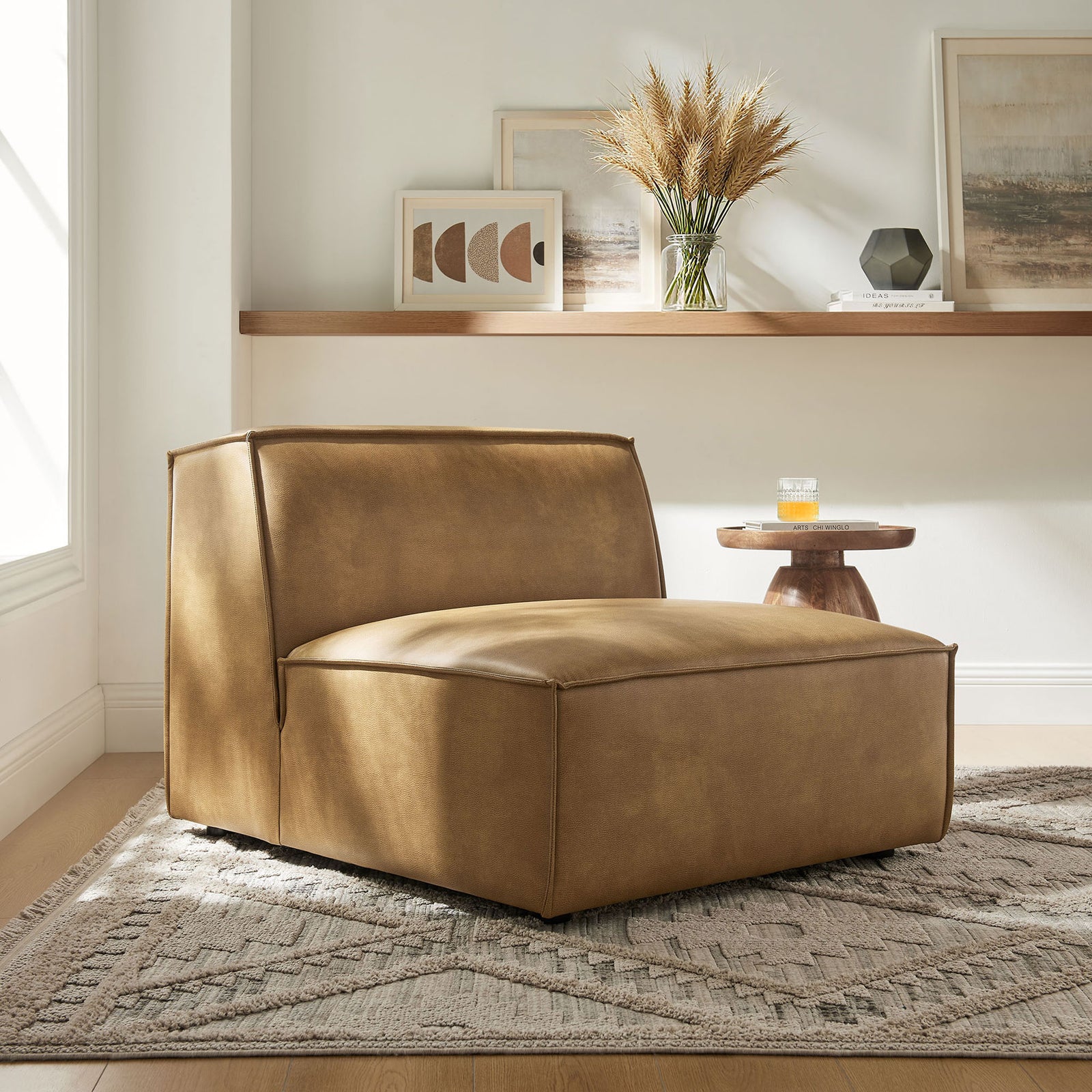 Modern armless modular chair brings cozy comfort and understated style to the living room. || EEI-7396-TST || front_angle_room