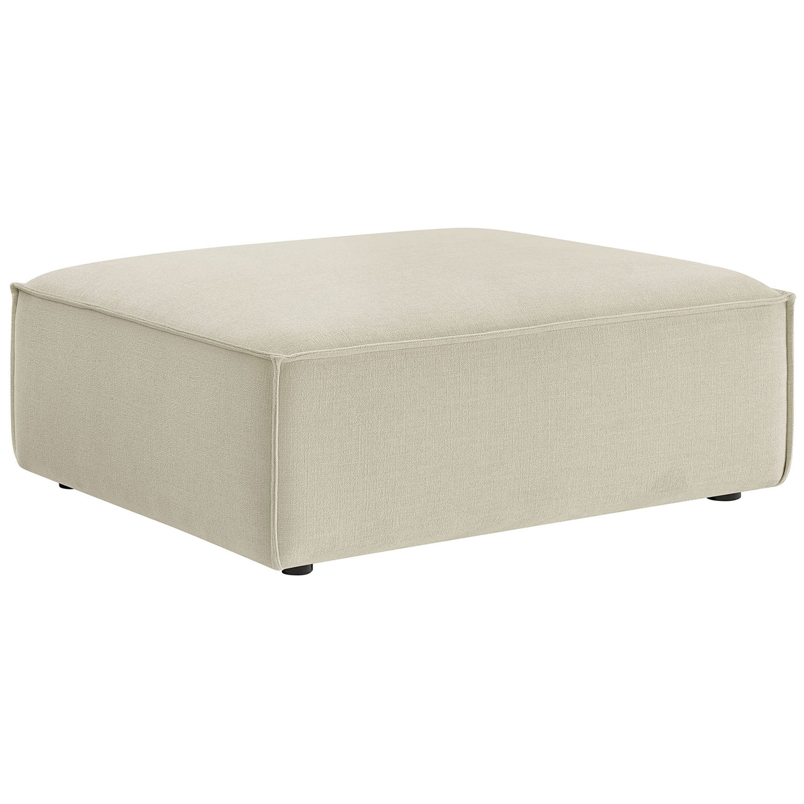 Low-profile ecru upholstered ottoman offers generous lounge seating with clean, modern boxy lines. || EEI-7401-ECR || front_angle_studio