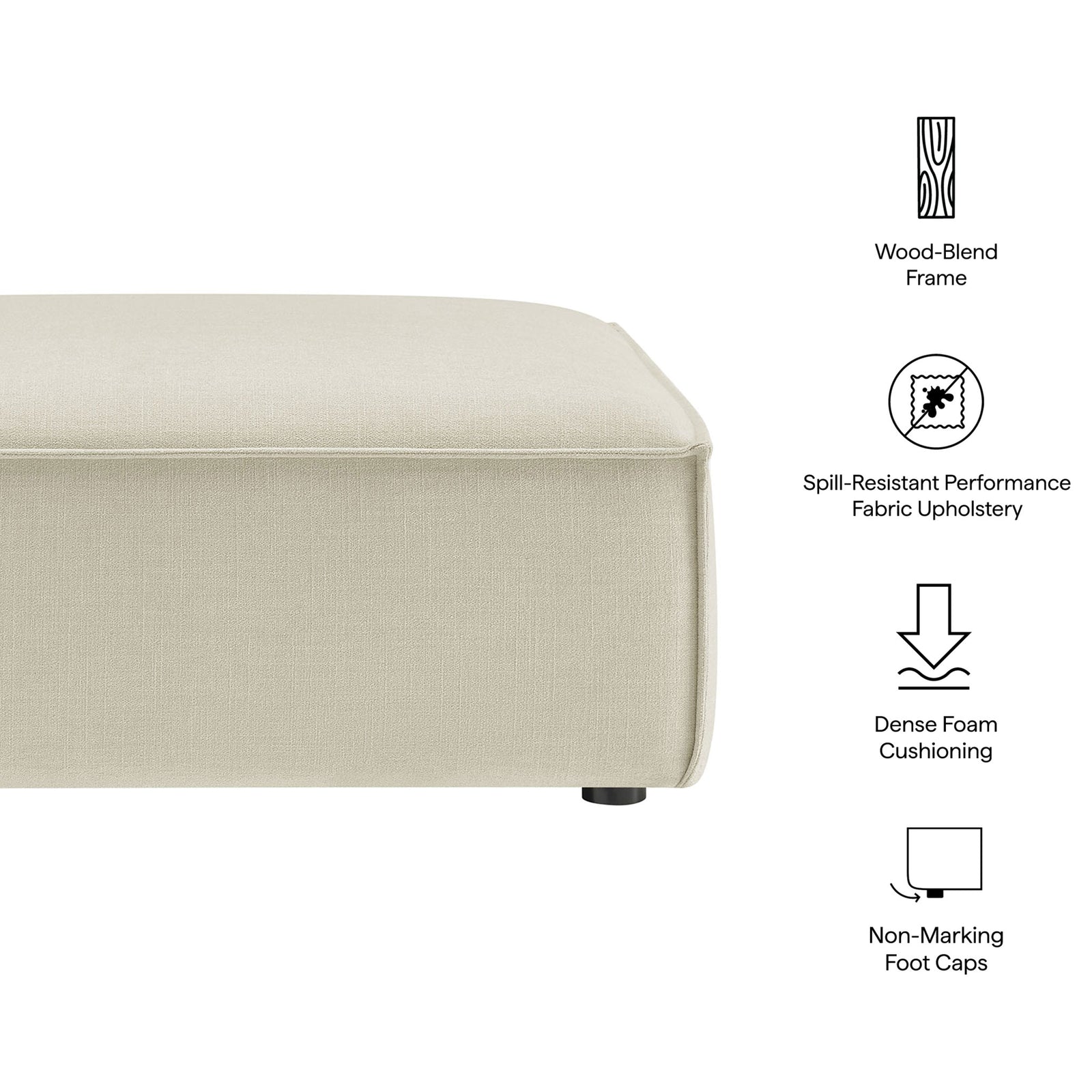 Feature callouts highlight the ottoman's wood-blend frame, dense foam cushioning, and foot caps. || EEI-7401-ECR || callout_studio