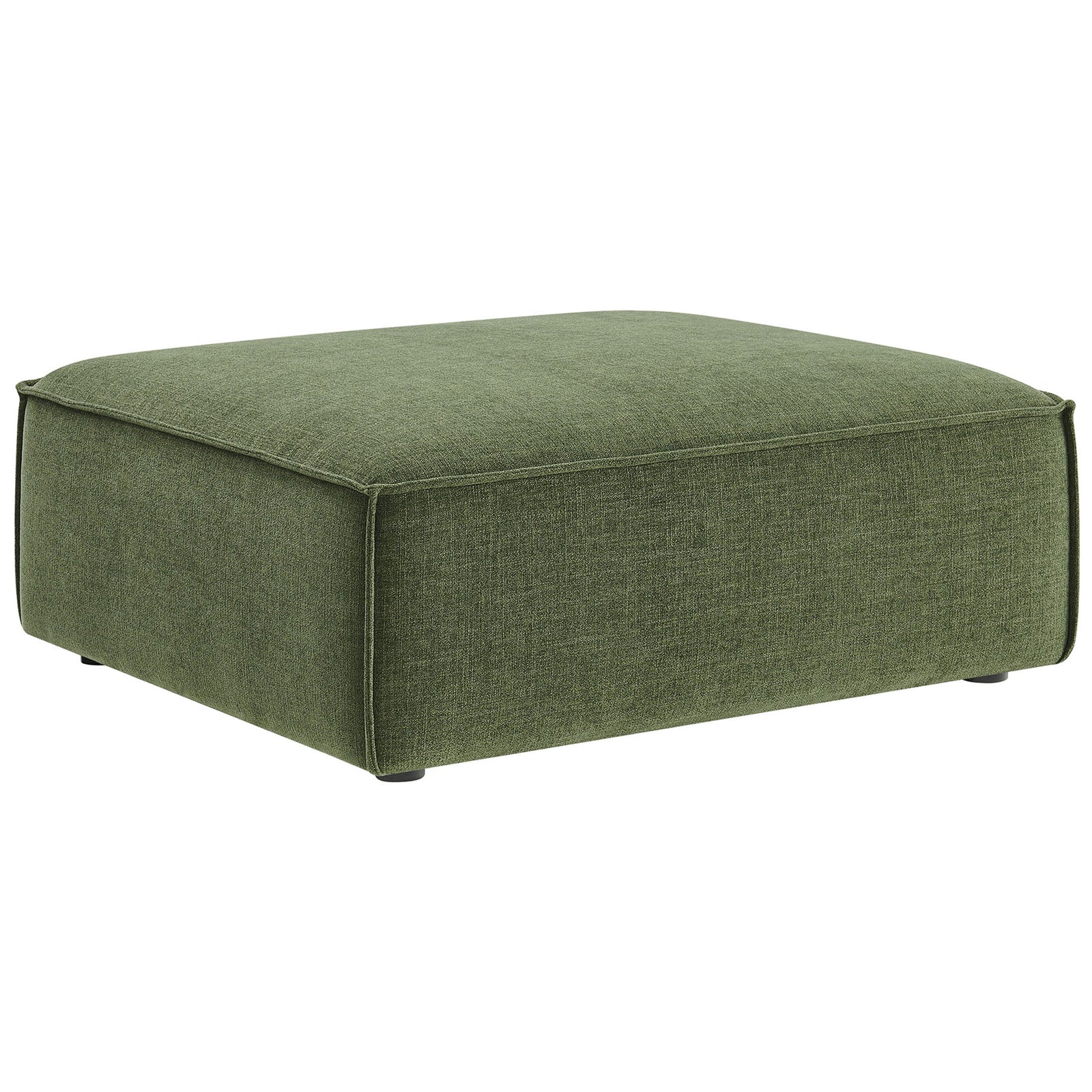 Foliage green performance fabric ottoman with low profile silhouette and tailored French piping || EEI-7401-FOL || front_angle_studio