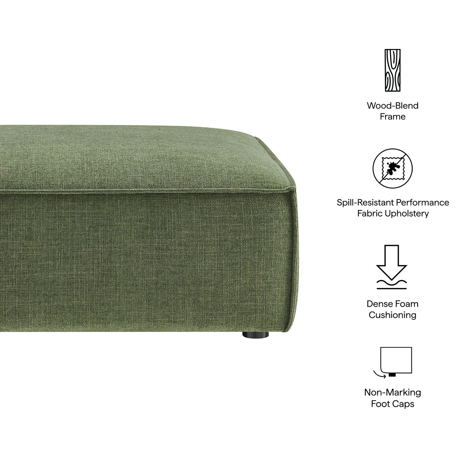 Foliage green ottoman highlighting wood blend frame, spill resistant fabric, dense foam, and foot caps || EEI-7401-FOL || callout_studio