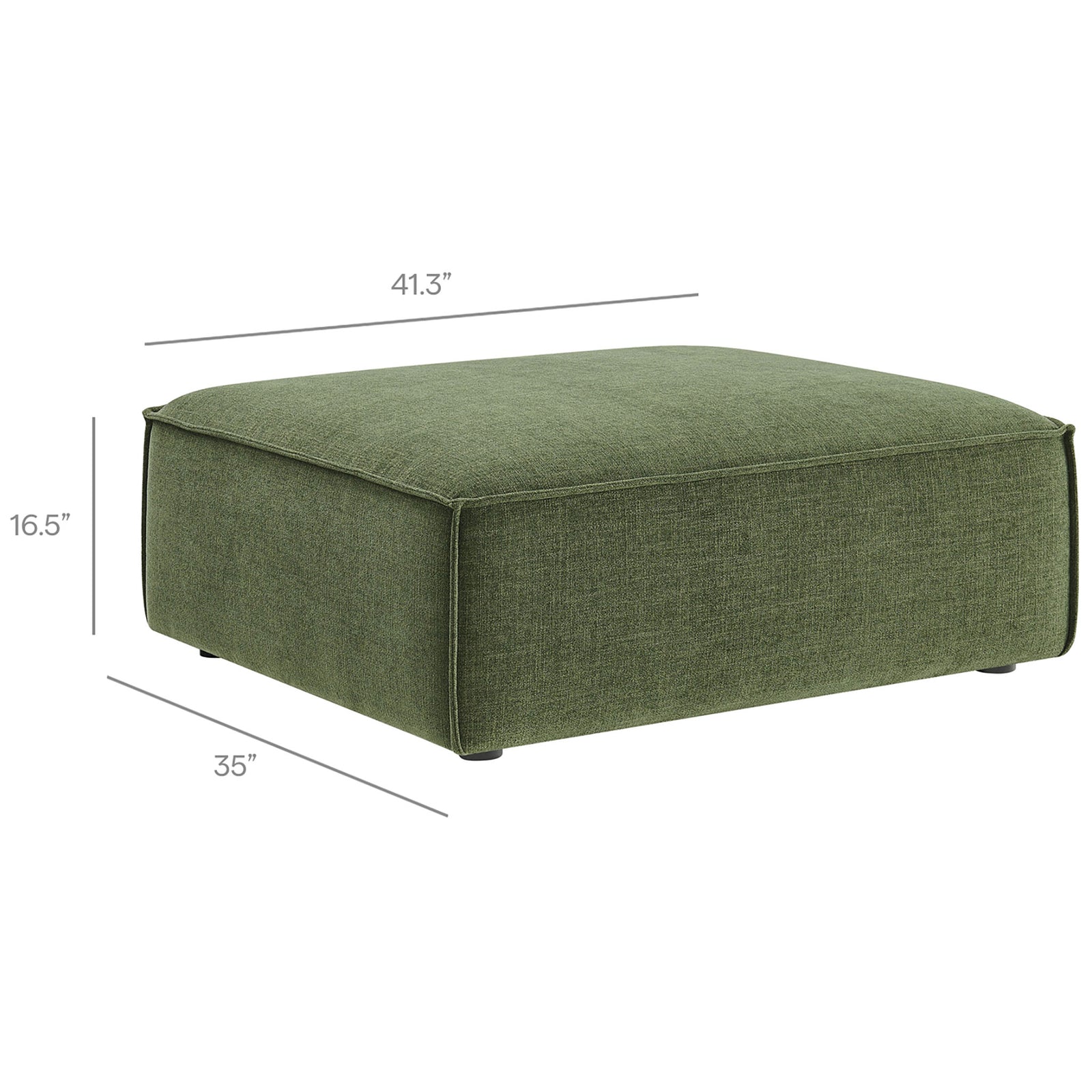 Foliage green ottoman with labeled dimensions showing generous width, depth, and low comfortable height || EEI-7401-FOL || dimension_studio