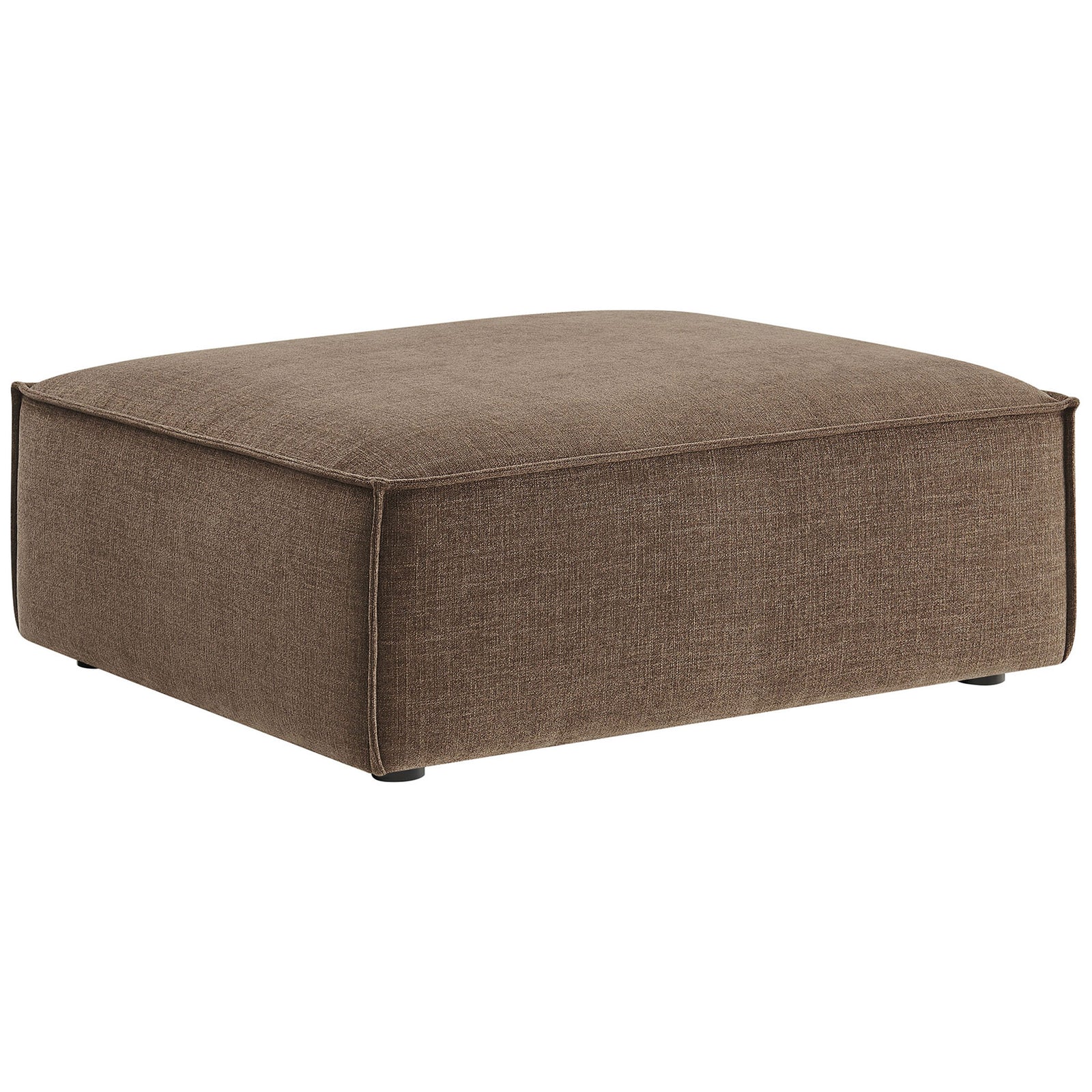 Low-profile mocha ottoman with smooth performance fabric surface and subtle French piped edges || EEI-7401-MOC || front_angle_studio