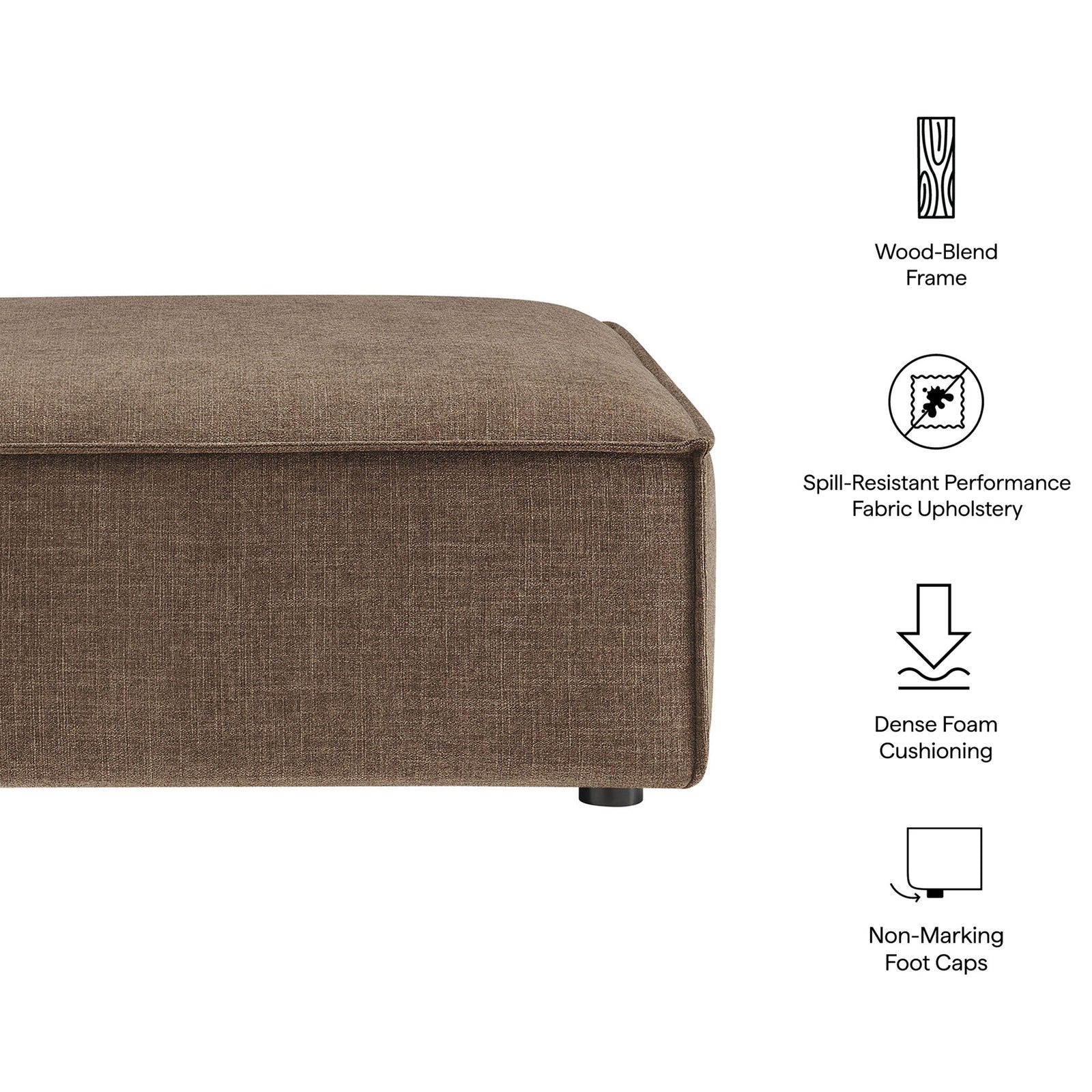 Mocha ottoman with icons calling out wood-blend frame, spill-resistant fabric, dense foam, and floor-safe foot caps || EEI-7401-MOC || callout_studio