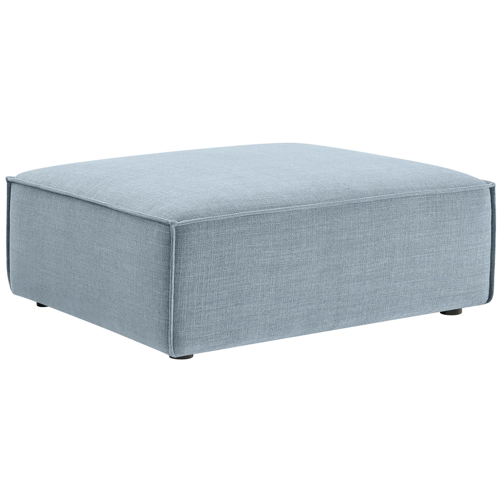Spacious sky blue ottoman offers a wide lounging surface with tailored French piping and soft performance fabric || EEI-7401-SKY || front_angle_studio