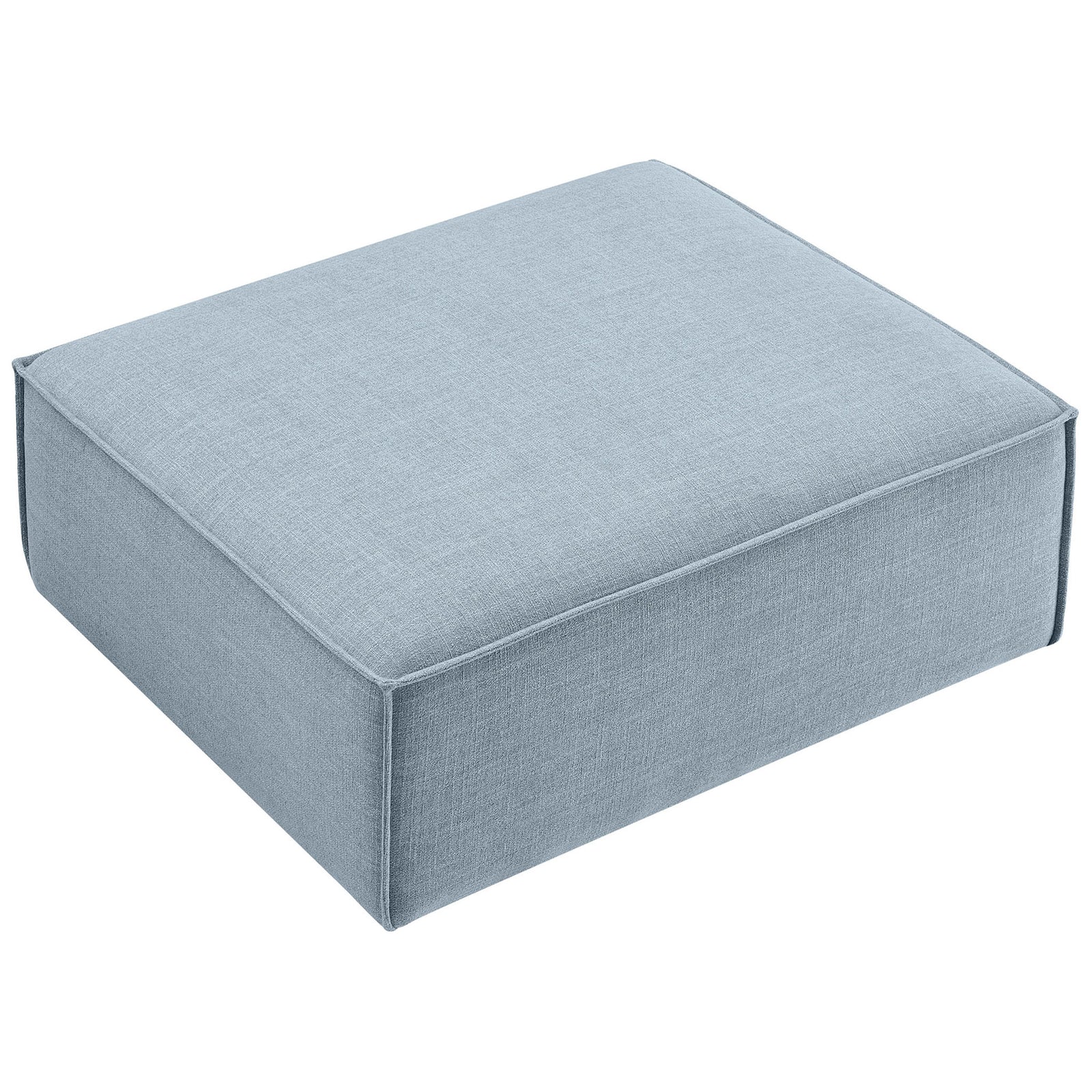 Generous cushioned top in sky blue performance fabric creates a soft, inviting footrest or extra seating surface || EEI-7401-SKY || top_angle_studio