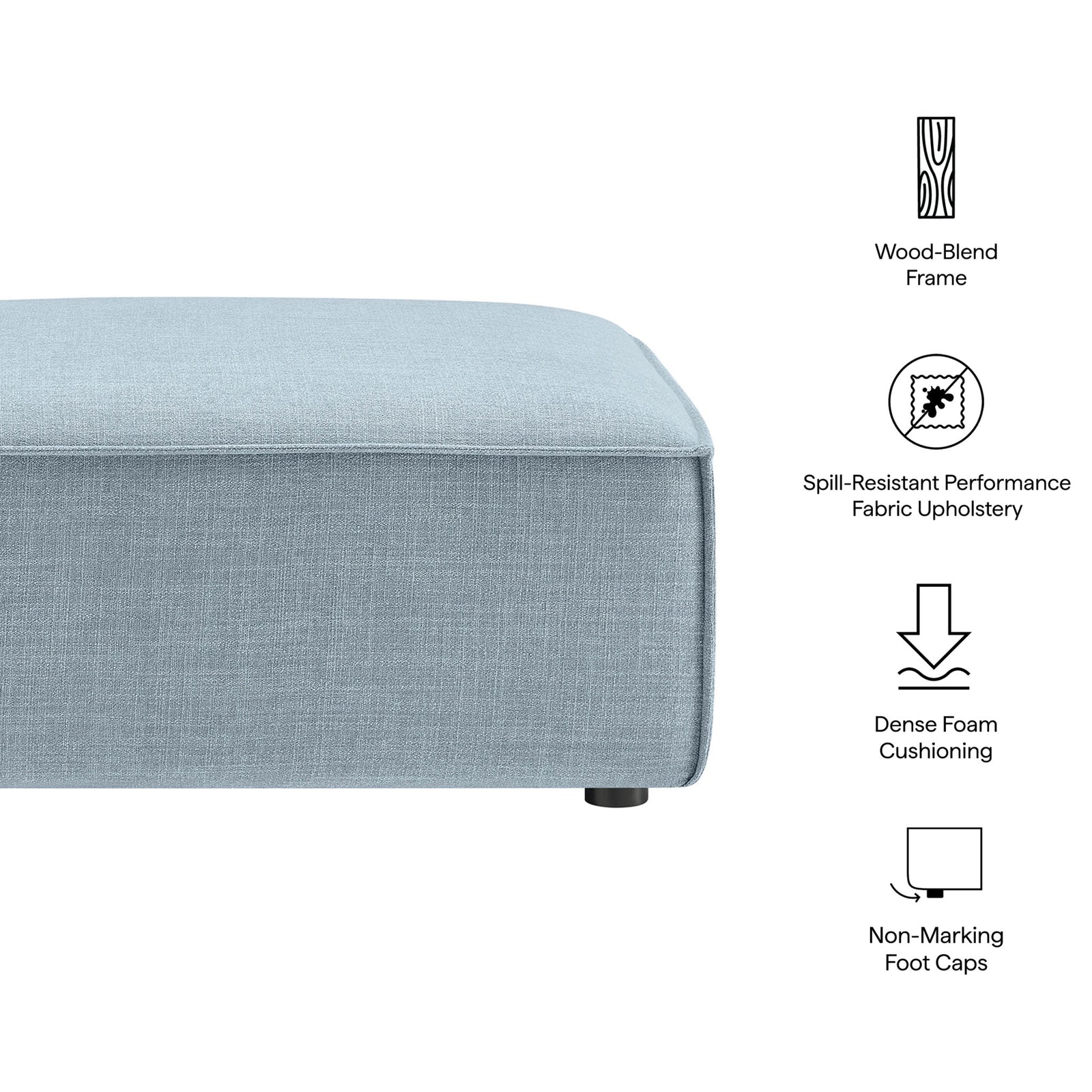 Sky blue ottoman highlights wood-blend frame, spill-resistant fabric, dense foam cushioning, and non-marking foot caps || EEI-7401-SKY || callout_studio