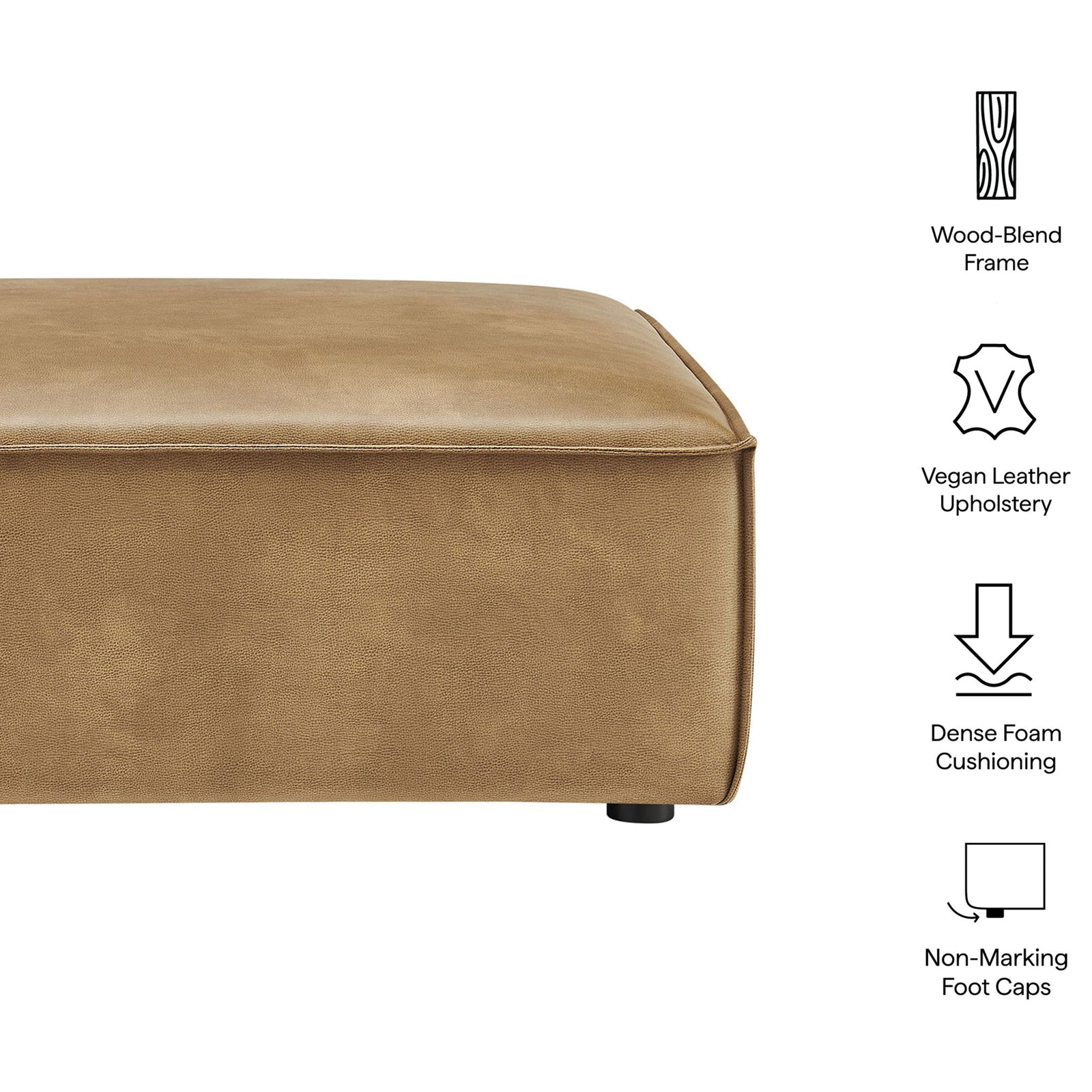 Feature icons highlight wood-blend frame, vegan leather upholstery, dense foam cushioning, and non-marking feet || EEI-7402-TST || callout_studio