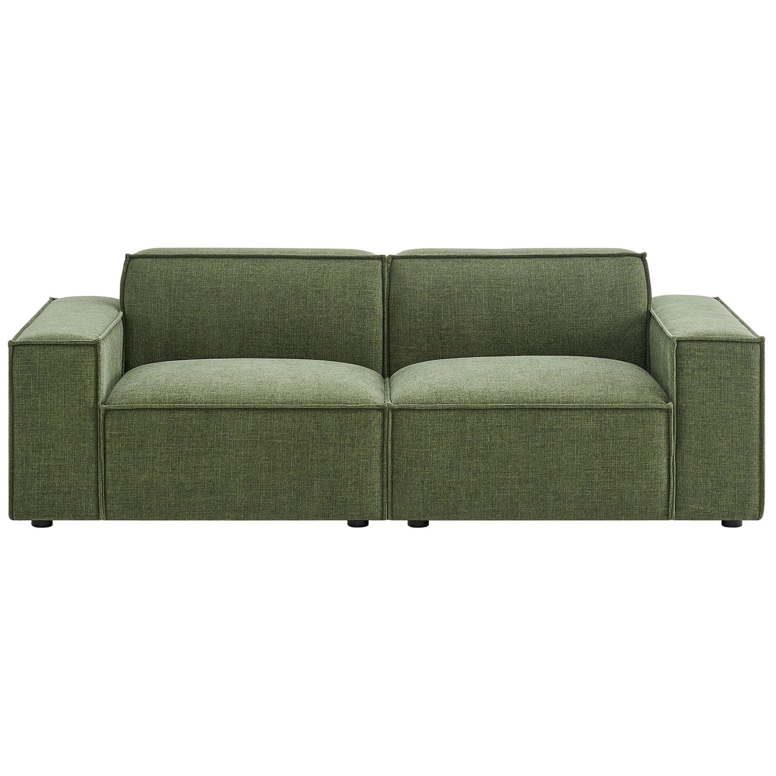 Foliage green modular loveseat with broad track arms and tailored performance fabric cushions. || EEI-7403-FOL || front_studio