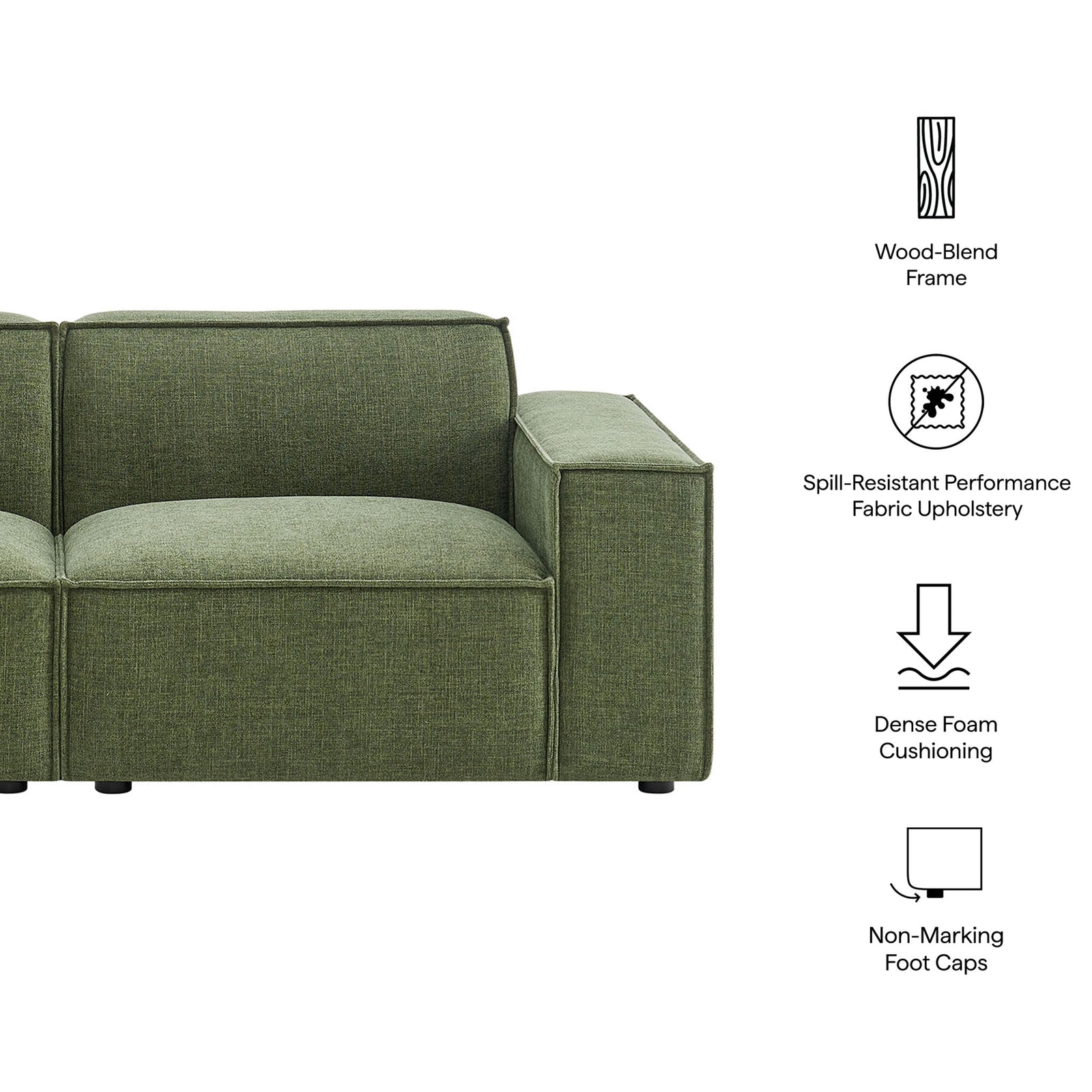 Foliage green modular loveseat corner with icons highlighting wood blend frame and spill resistant upholstery. || EEI-7403-FOL || callout_studio