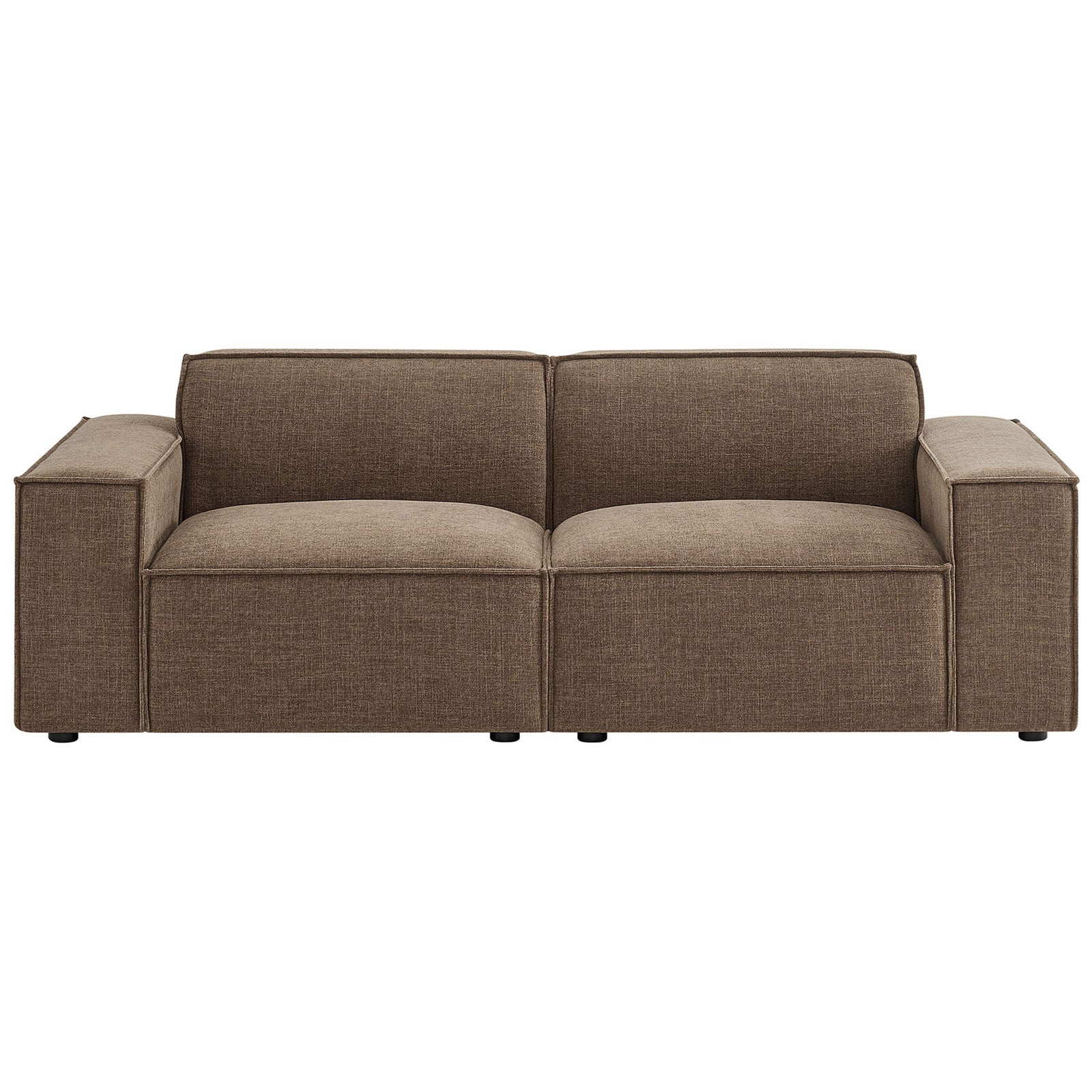 Mocha performance fabric loveseat with broad cushions and low, wide track arms for relaxed lounging || EEI-7403-MOC || front_studio