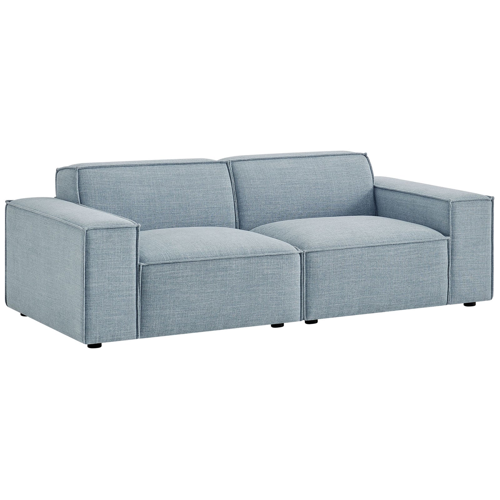 Two-piece sky blue modular loveseat with low-profile silhouette and generous seating space || EEI-7403-SKY || front_angle_studio