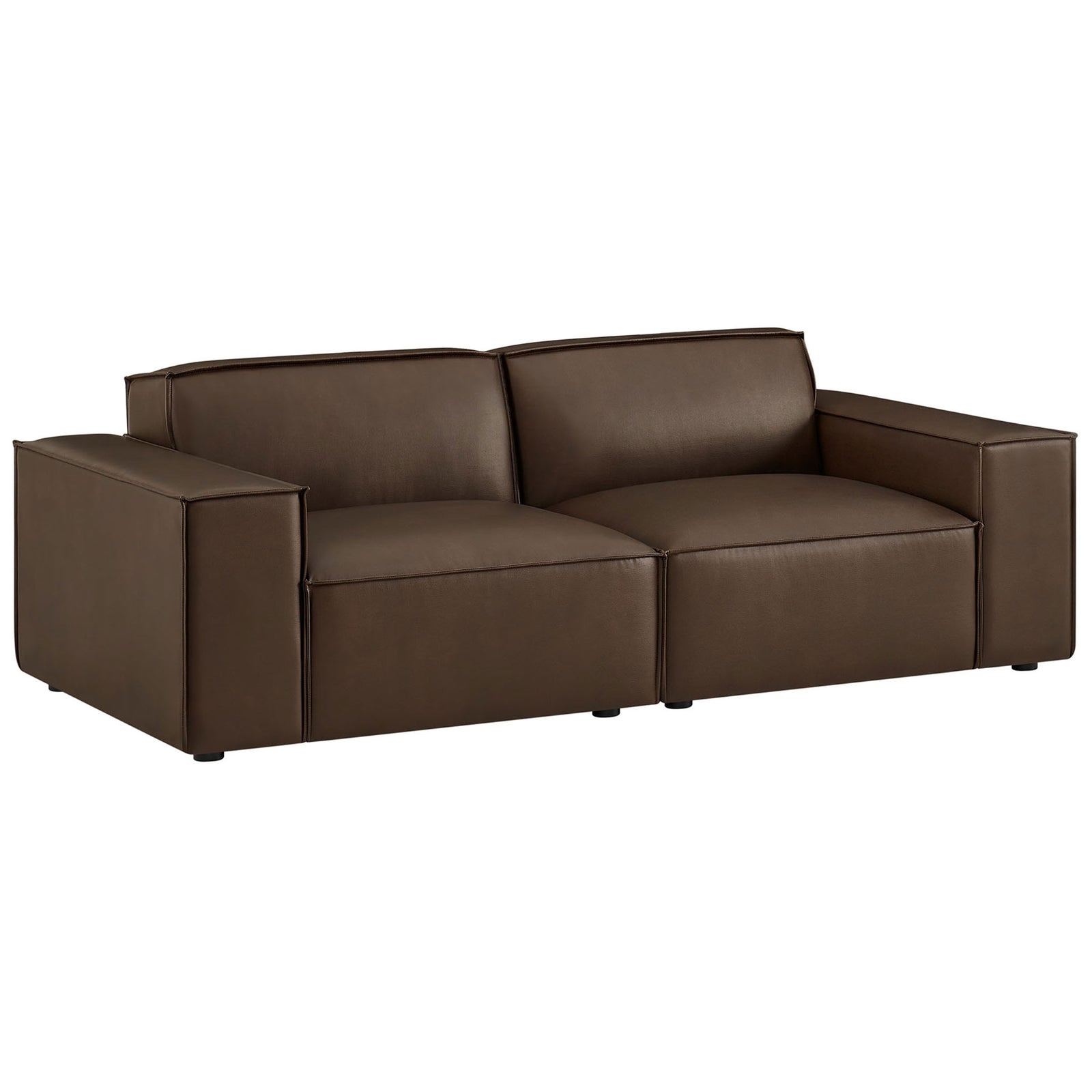 Espresso vegan leather modular loveseat with wide arms and deep cushions for relaxed lounging. || EEI-7404-ESP || front_angle_studio